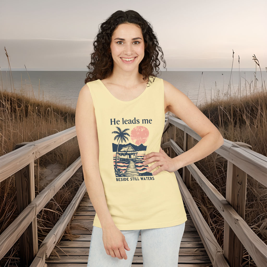 He Leads Me Beside Still Water Unisex Comfort Colors Tank Top | Psalms 23 | Christian Gift