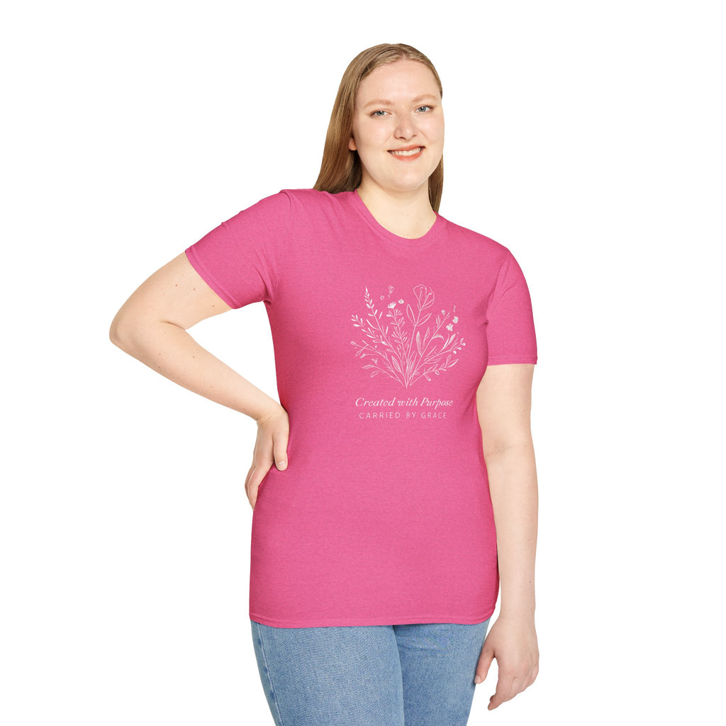 Created with Purpose Carried By Grace Christian Floral Gildan T-Shirt Women’s Faith Shirt Minimalist Design Soft Cotton Tee