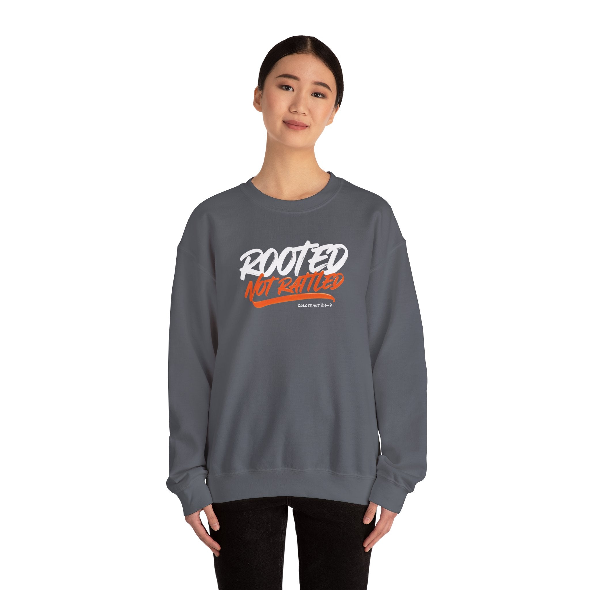 Rooted Not Rattled Gildan Christian Sweatshirt | Unisex Crewneck Pullover | Christian Gift