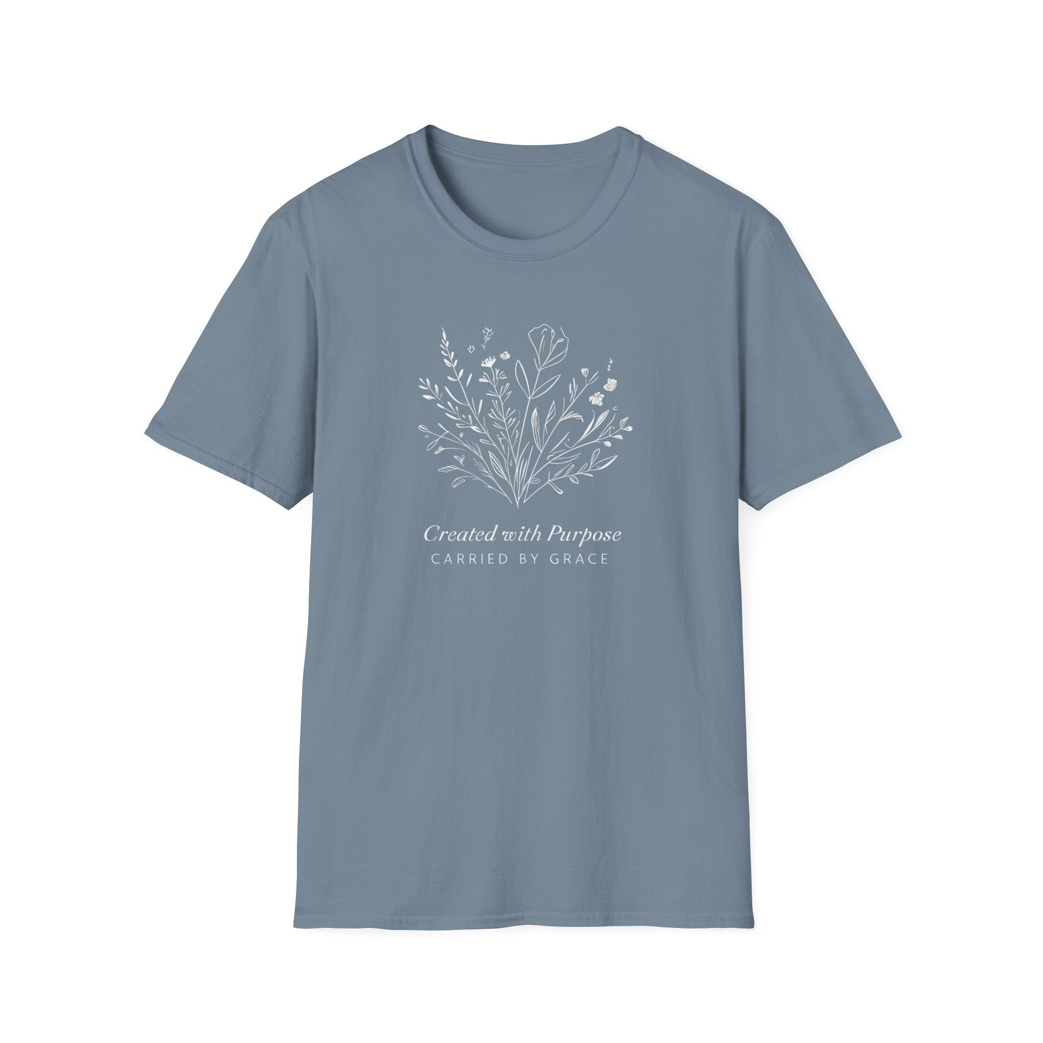 Created with Purpose Carried By Grace Christian Floral Gildan T-Shirt Women’s Faith Shirt Minimalist Design Soft Cotton Tee