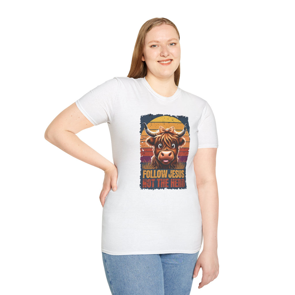 Follow Jesus Not The Herd Gildan Softstyle Unisex Tshirt | Highland Cow Christian Graphic T Shirt