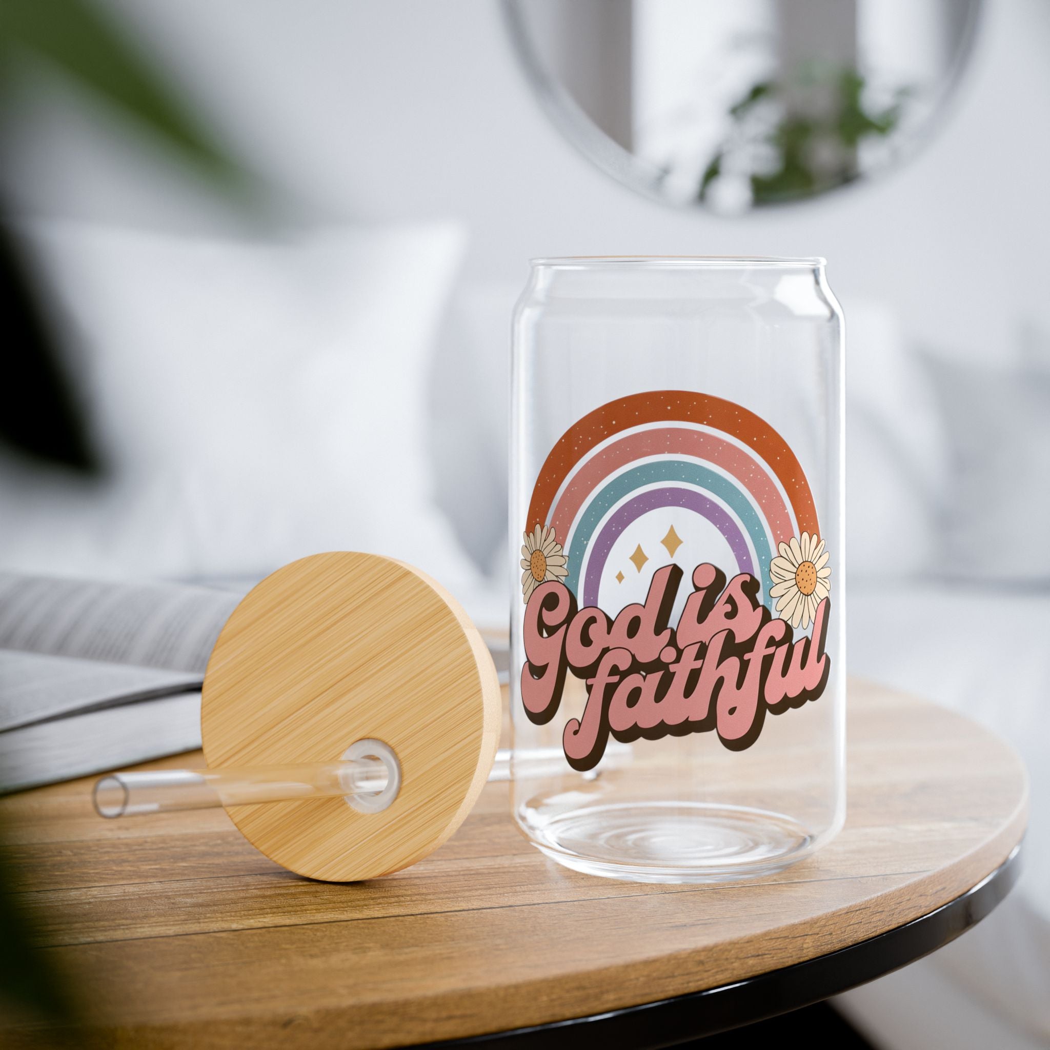 He Is Faithful Retro Sipper Glass – 16 oz Christian Glass Tumbler – Faith-Based Drinkware – Inspirational Gift Idea