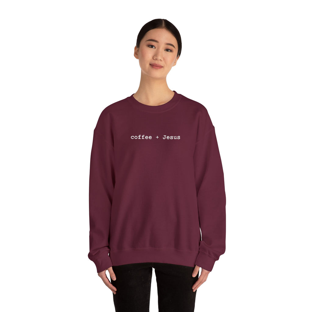 Embroidered Jesus + Coffee Gildan Unisex Heavy Blend Crewneck Sweatshirt | Cozy Christian Pullover Gift for Adults