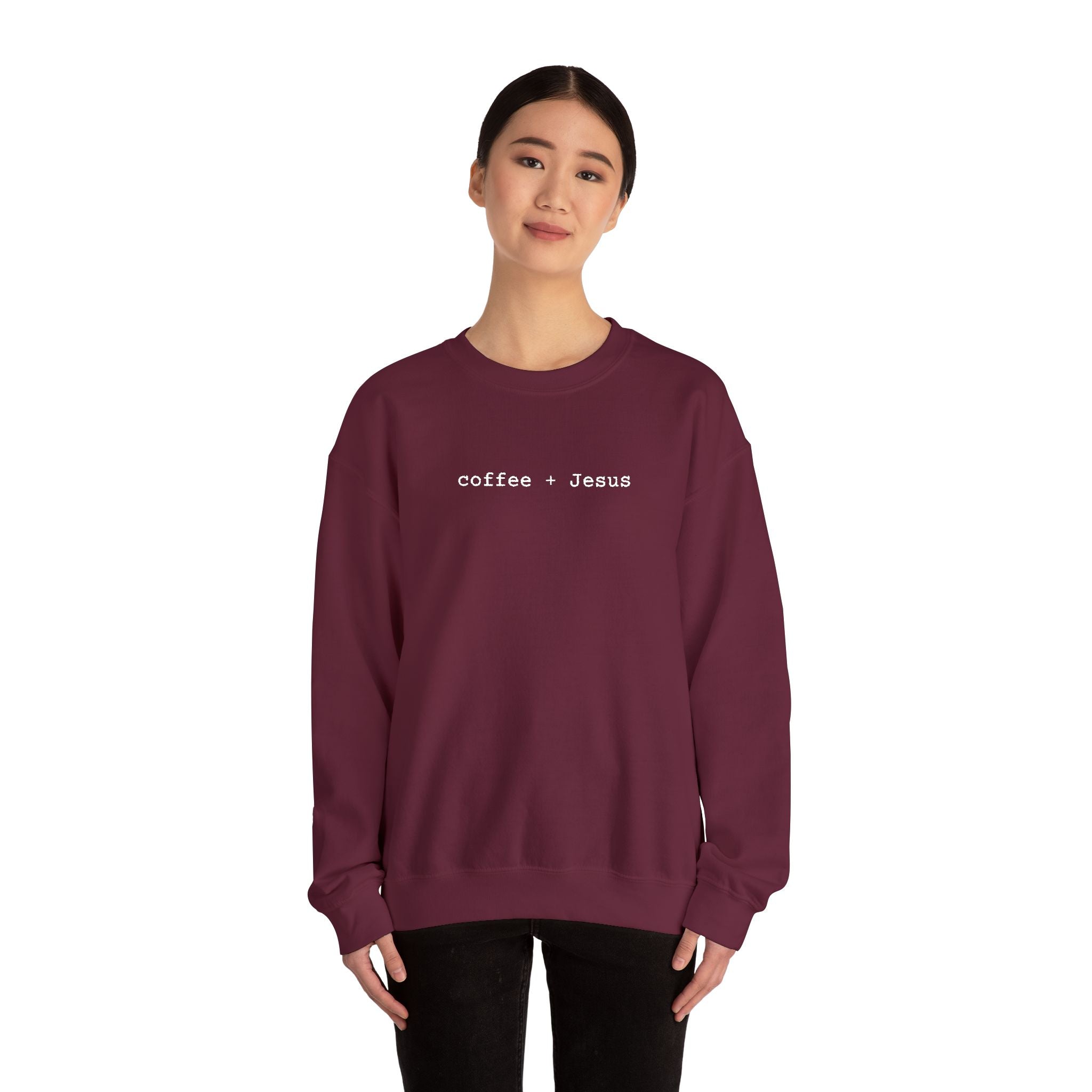 Embroidered Jesus + Coffee Gildan Unisex Heavy Blend Crewneck Sweatshirt | Cozy Christian Pullover Gift for Adults