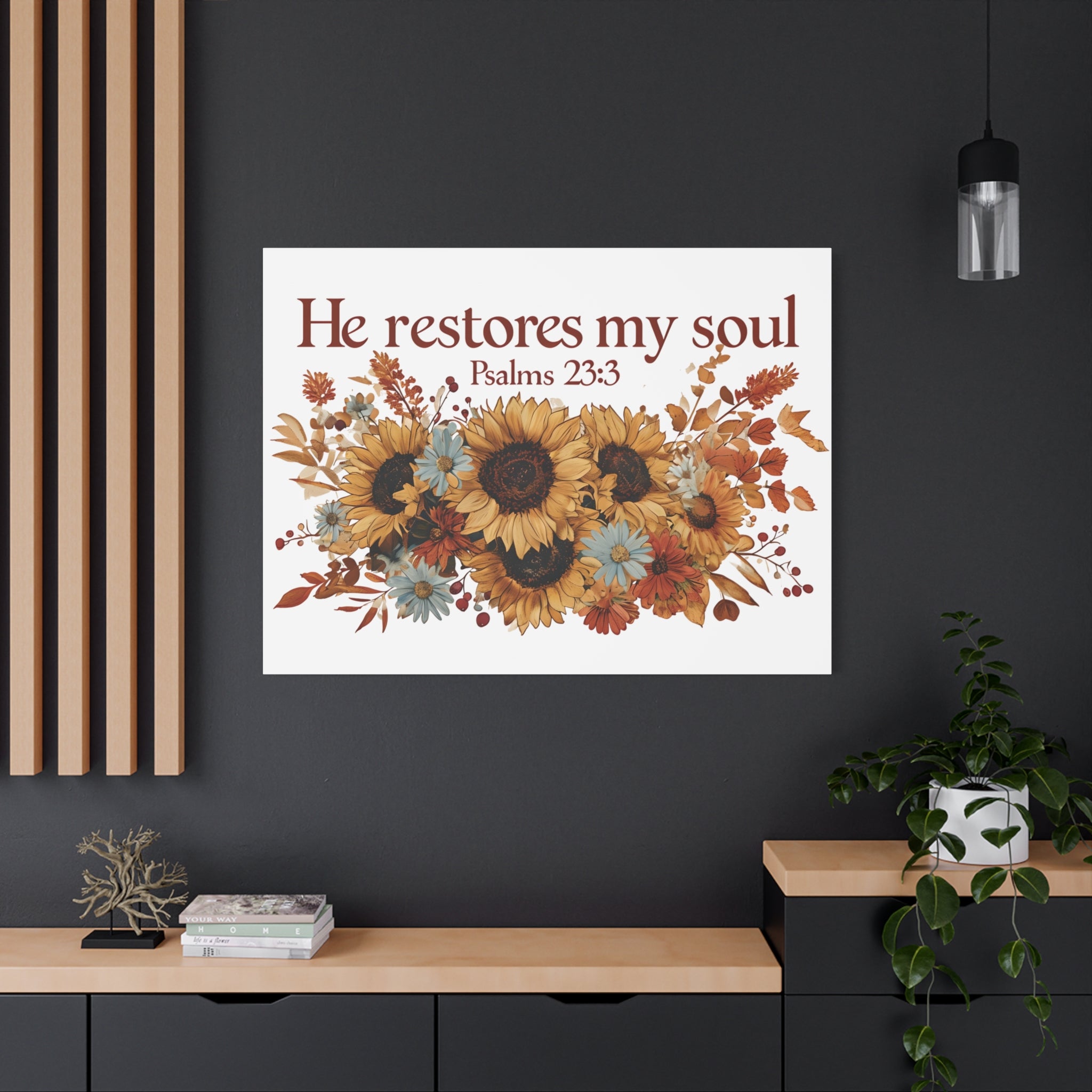 Psalm 23:3 Canvas Wall Art | Christian Sunflower Home Decor | Faith Gift