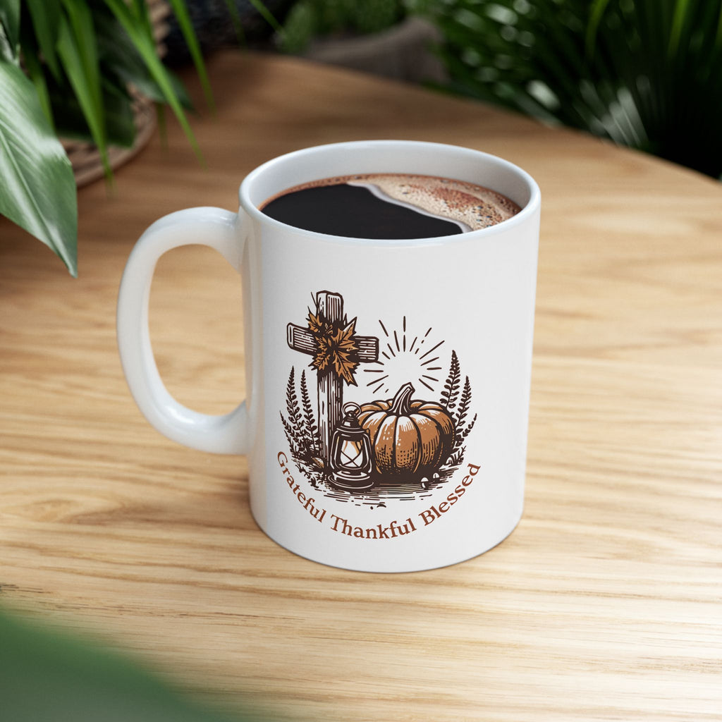 Grateful Thankful Blessed Ceramic Mug | Fall Coffee Tea Mug, Thanksgiving Gift
