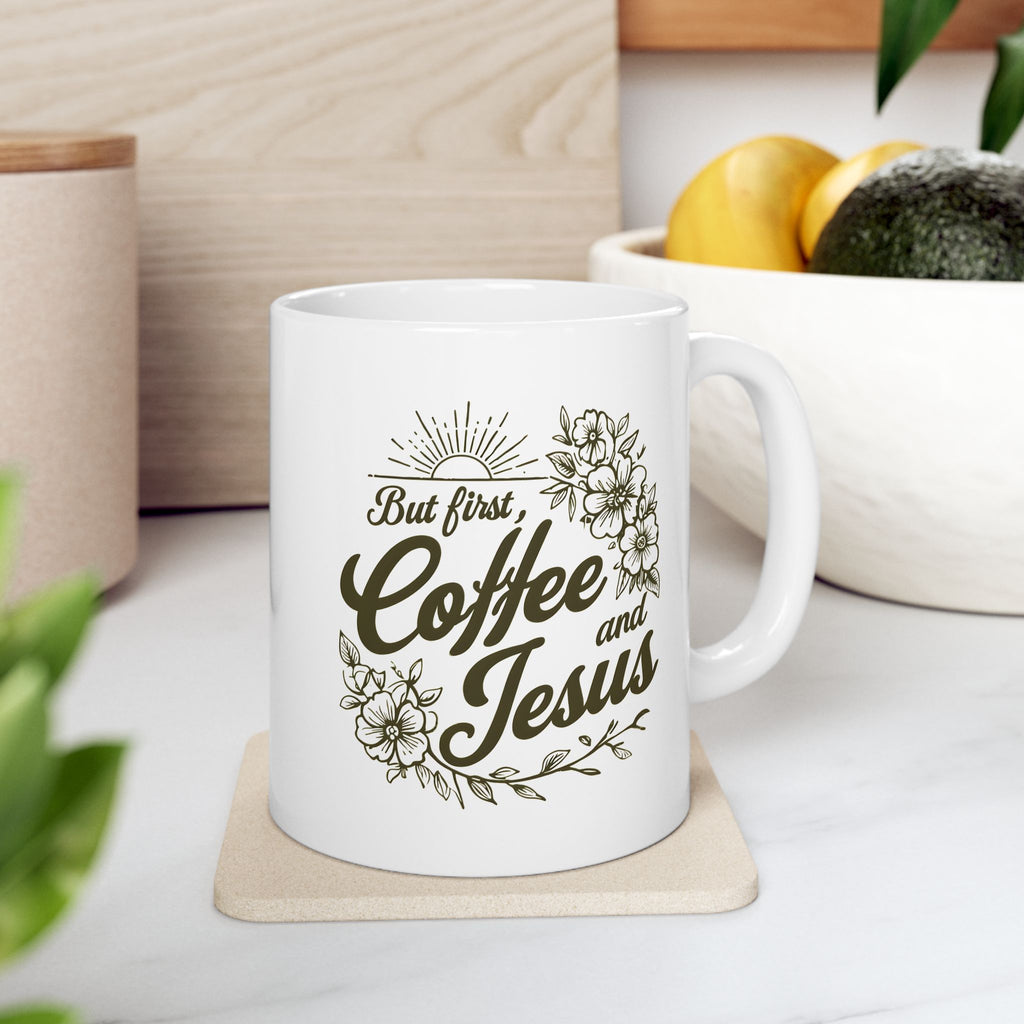 Jesus + Coffee Christian Coffee Mug | Faith Ceramic Mug 11oz & 15oz | Botanical Design Christian Gift