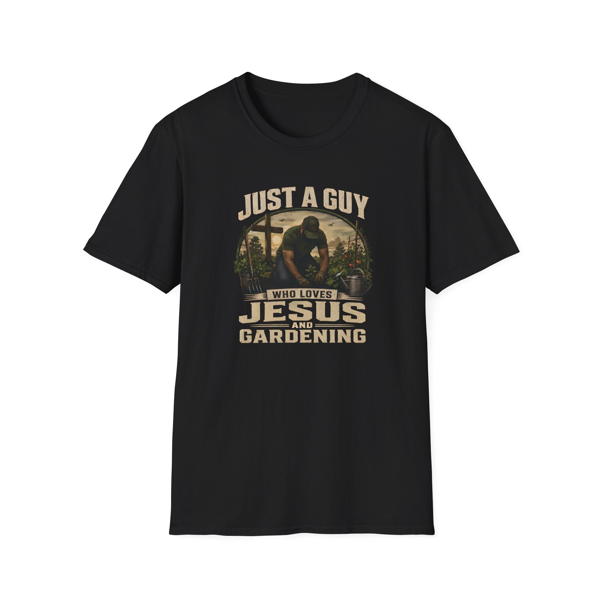 Just A Guy Who Loves Jesus And Gardening Gildan Christian T-Shirt for Men | Faith Based Gardening Shirt | Gardener Gift Tee