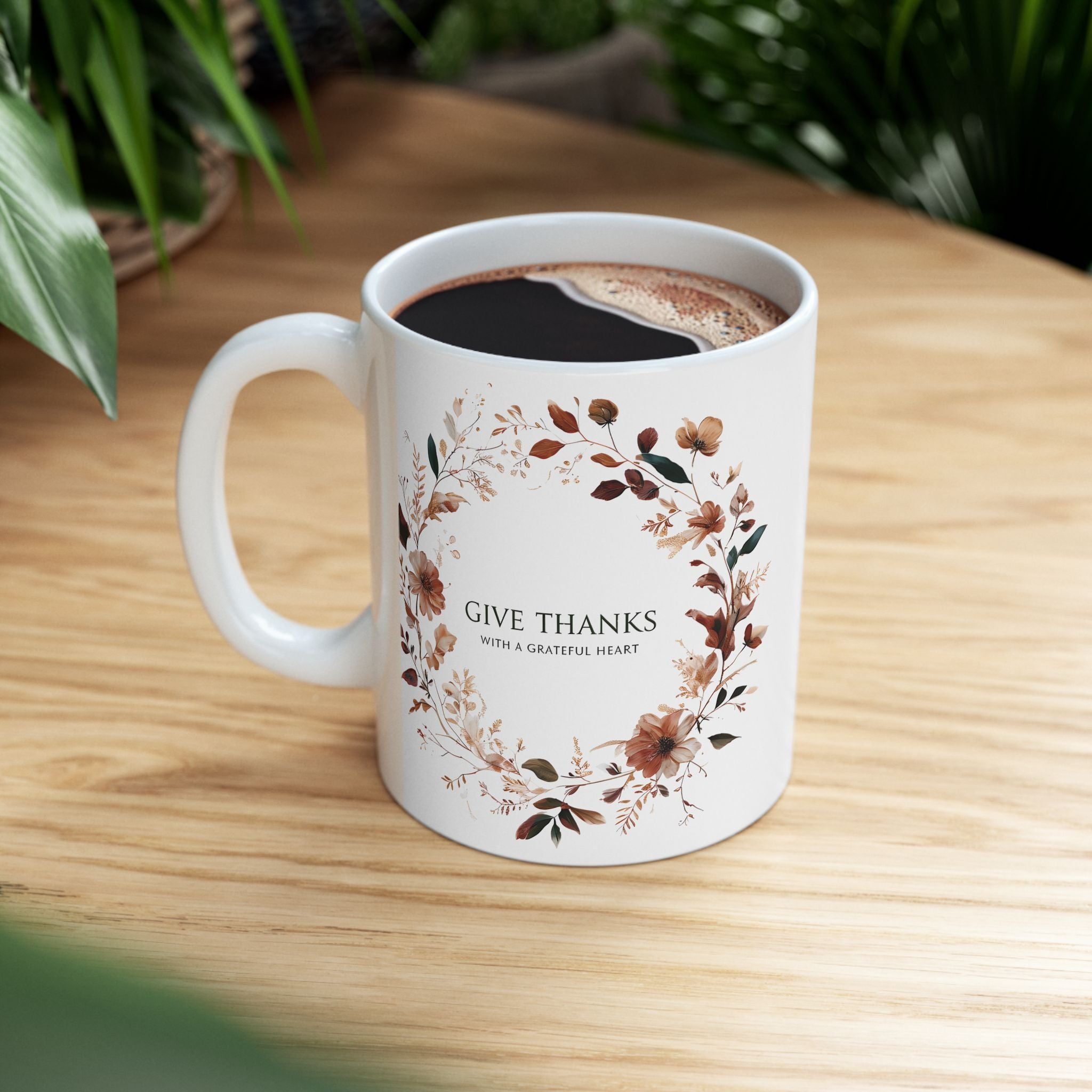 Give Thanks Floral Wreath Ceramic Mug | 11oz & 15oz | Cozy Coffee Cup, Gift for Her, Inspirational Tea Mug, Perfect for Birthdays & Anniversaries