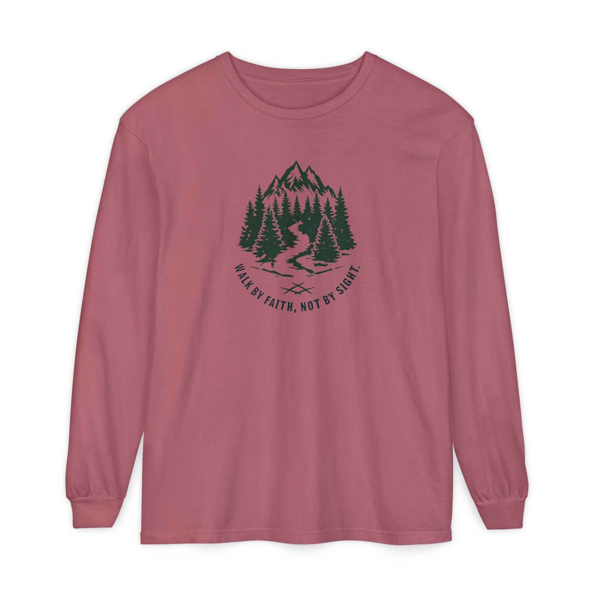 Walk by Faith, Not By Sight Comfort Colors Unisex Long Sleeve Shirt | Faith Mountain Graphic Tee | Garment Dyed Cotton
