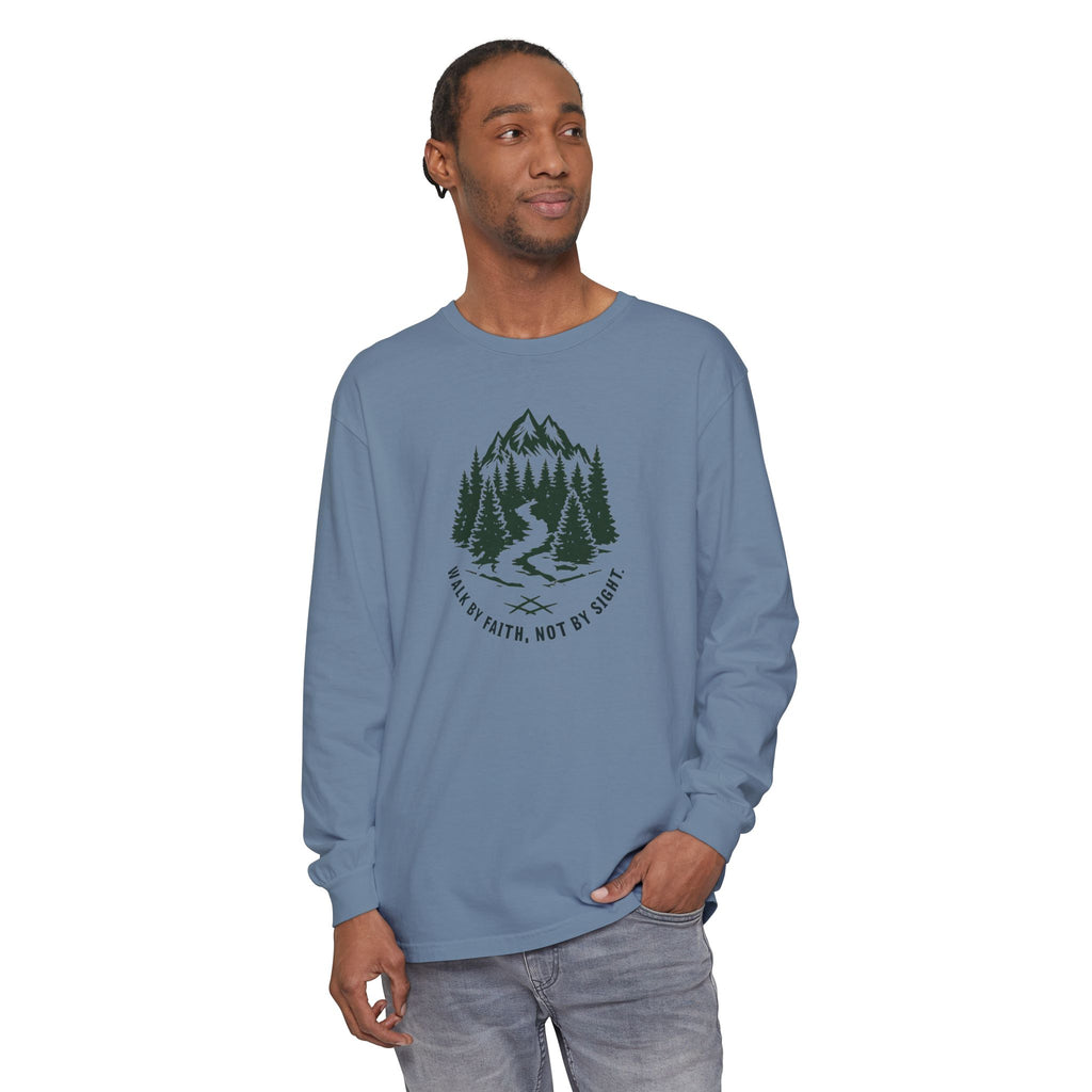 Walk by Faith, Not By Sight Comfort Colors Unisex Long Sleeve Shirt | Faith Mountain Graphic Tee | Garment Dyed Cotton