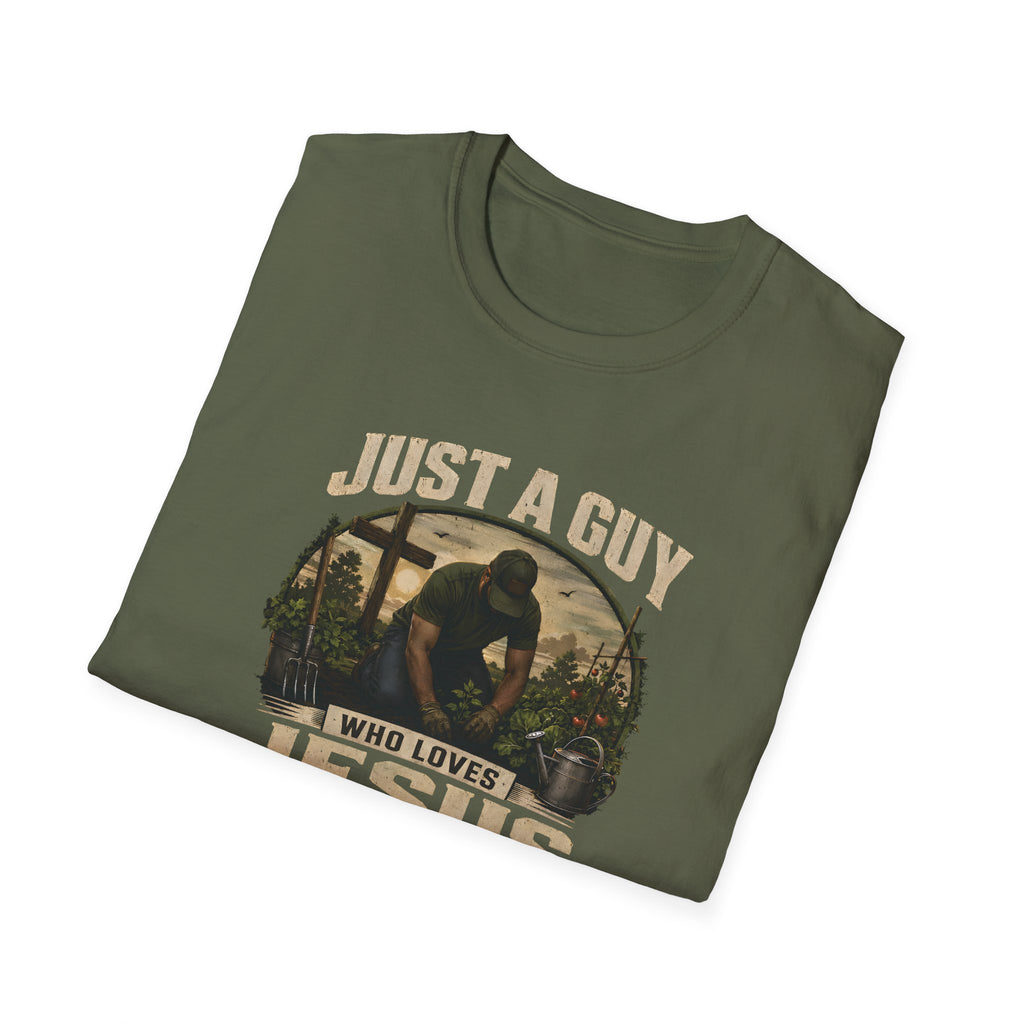 Just A Guy Who Loves Jesus And Gardening Gildan Christian T-Shirt for Men | Faith Based Gardening Shirt | Gardener Gift Tee