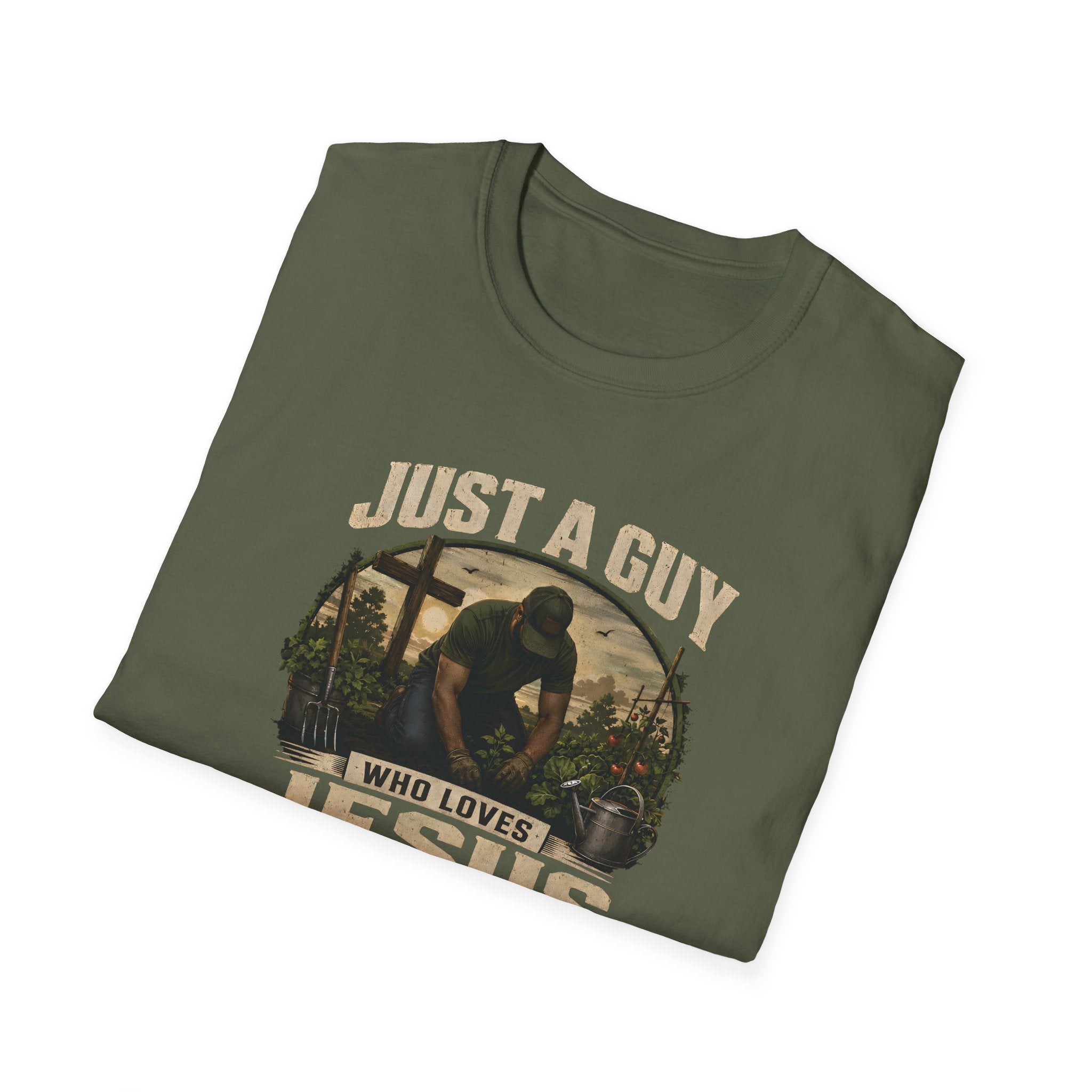 Just A Guy Who Loves Jesus And Gardening Gildan Christian T-Shirt for Men | Faith Based Gardening Shirt | Gardener Gift Tee