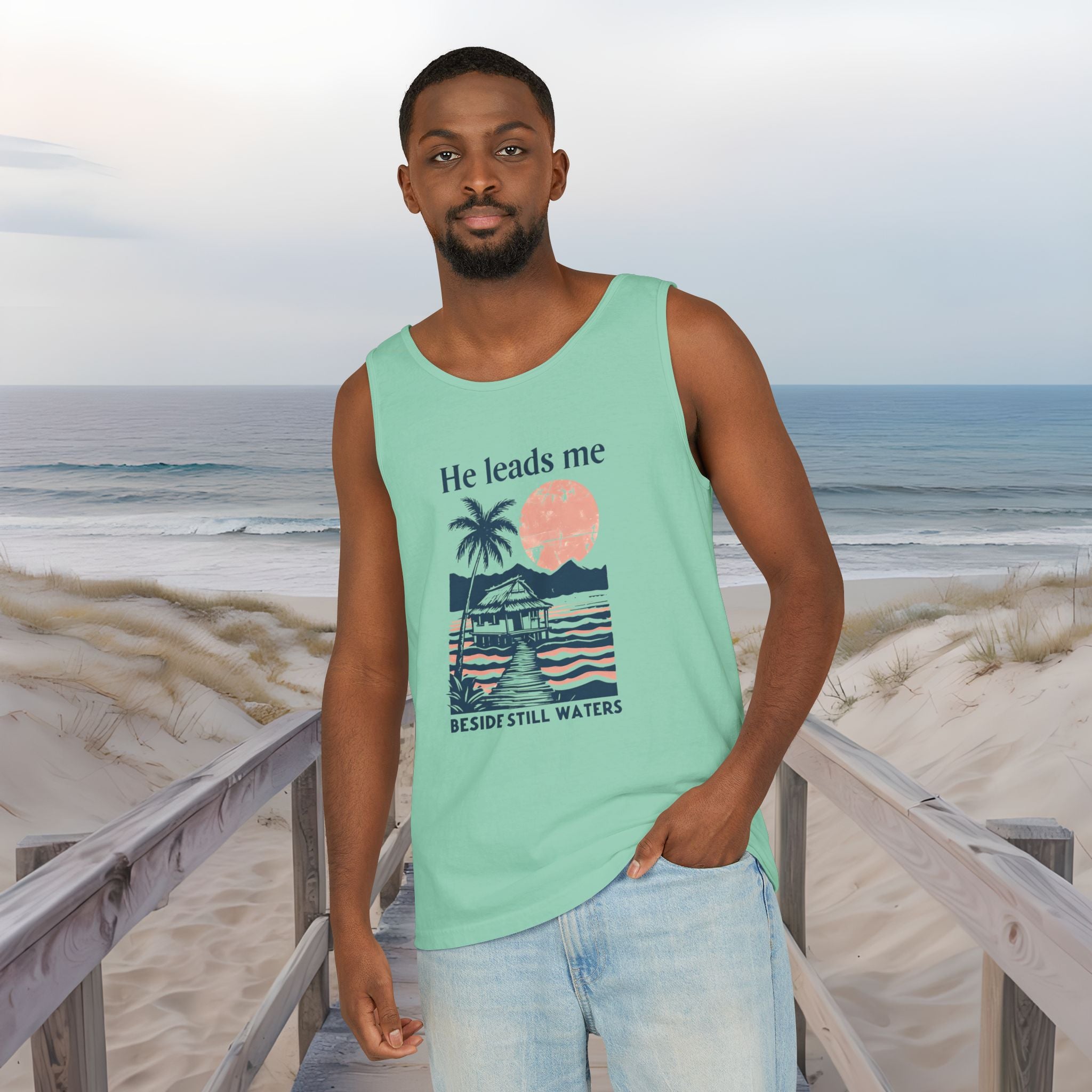 He Leads Me Beside Still Water Unisex Comfort Colors Tank Top | Psalms 23 | Christian Gift