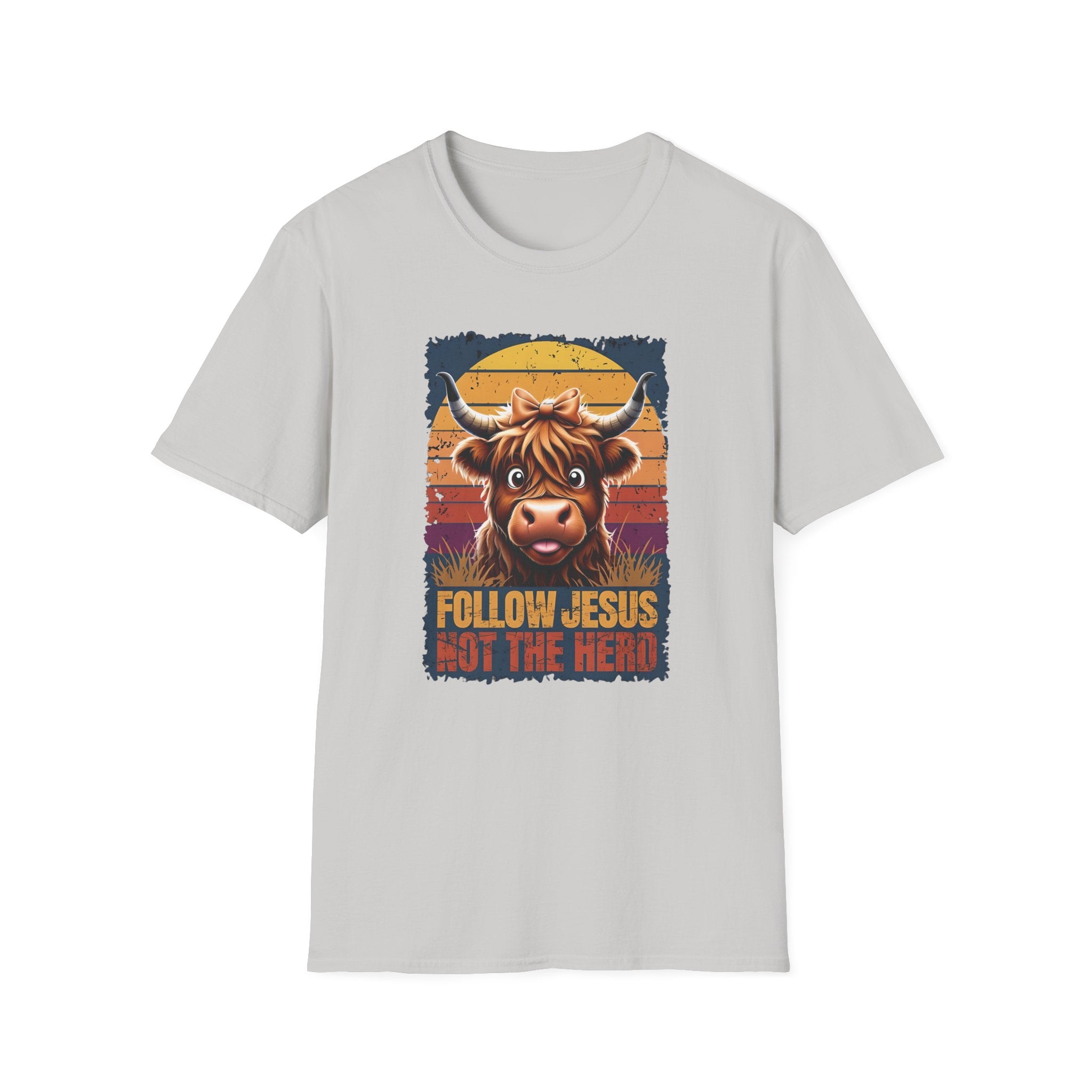 Follow Jesus Not The Herd Gildan Softstyle Unisex Tshirt | Highland Cow Christian Graphic T Shirt