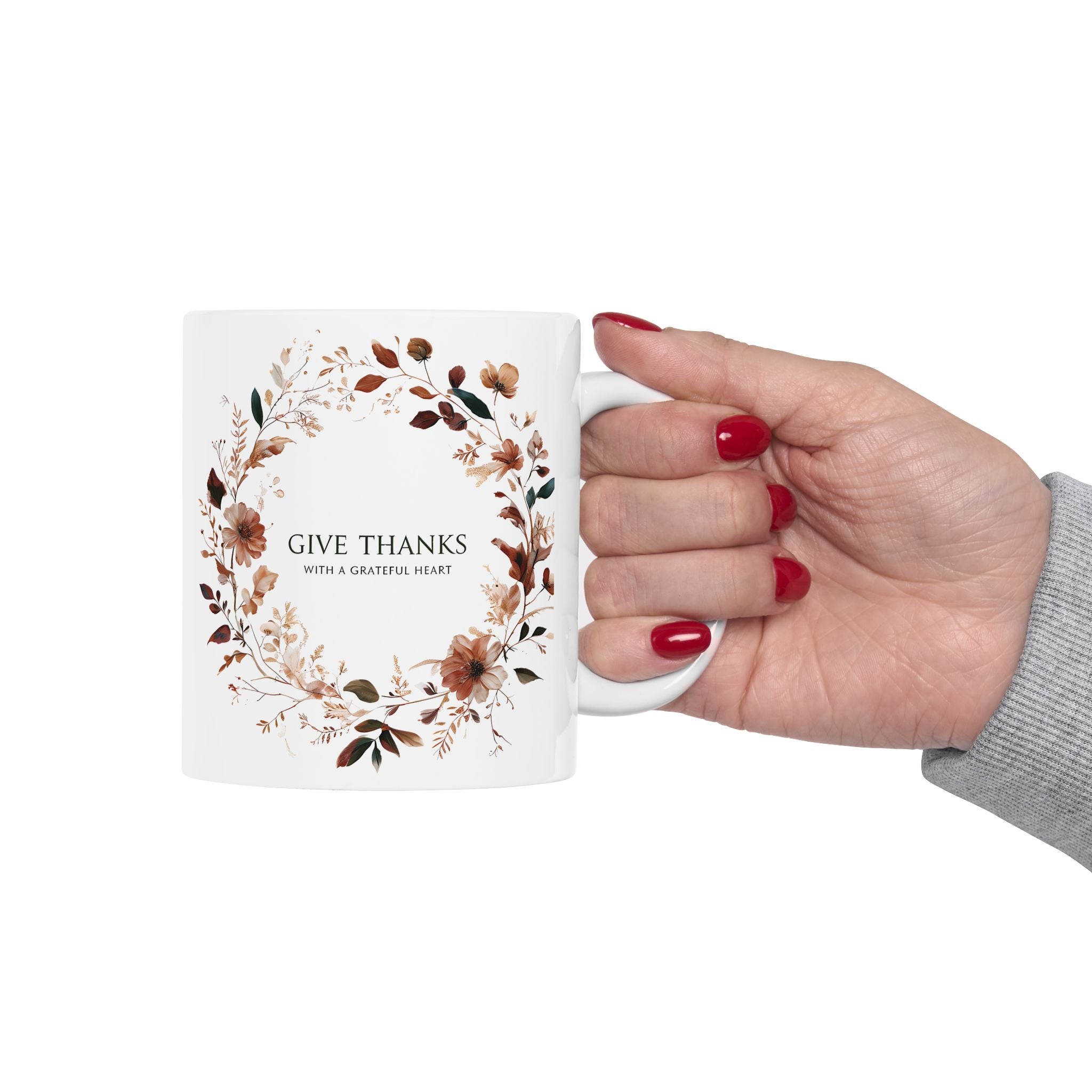 Give Thanks Floral Wreath Ceramic Mug | 11oz & 15oz | Cozy Coffee Cup, Gift for Her, Inspirational Tea Mug, Perfect for Birthdays & Anniversaries