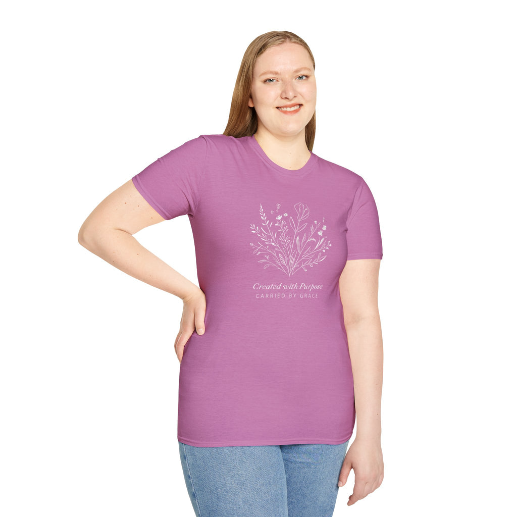 Created with Purpose Carried By Grace Christian Floral Gildan T-Shirt Women’s Faith Shirt Minimalist Design Soft Cotton Tee