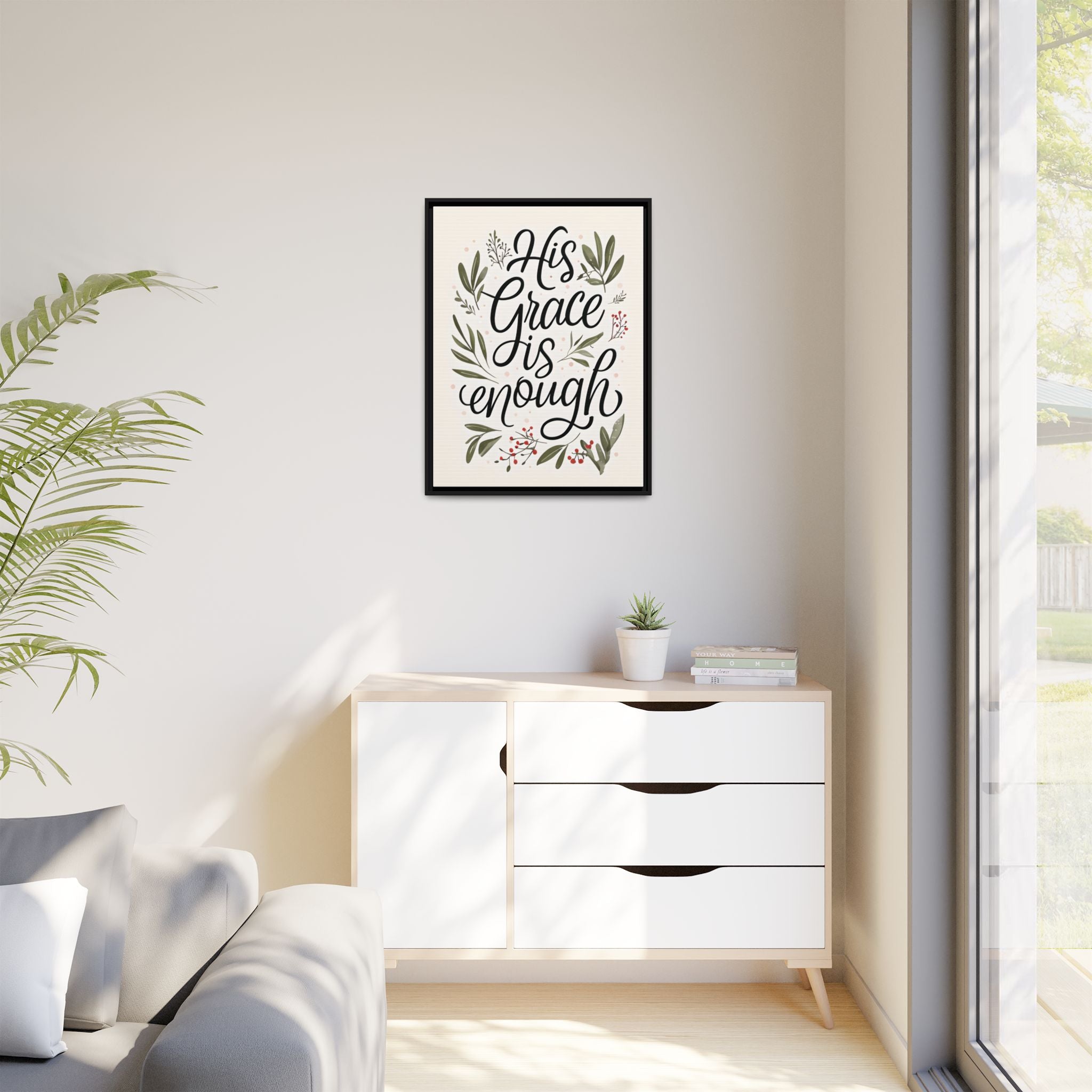 His Grace is Enough Floral Scripture Framed Matte Canvas | Modern Faith Home Decor