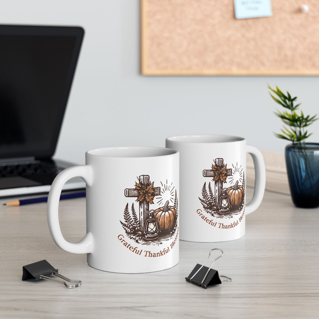 Grateful Thankful Blessed Ceramic Mug | Fall Coffee Tea Mug, Thanksgiving Gift