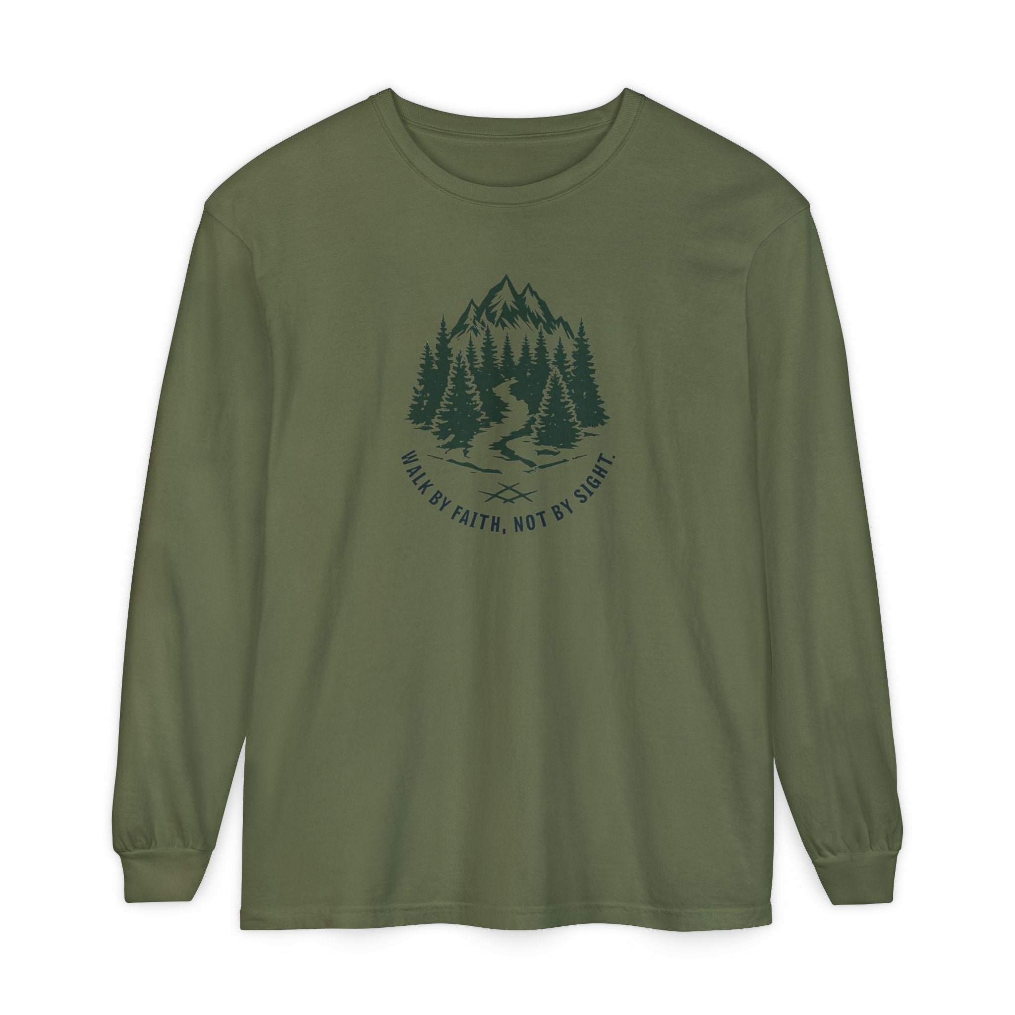 Walk by Faith, Not By Sight Comfort Colors Unisex Long Sleeve Shirt | Faith Mountain Graphic Tee | Garment Dyed Cotton