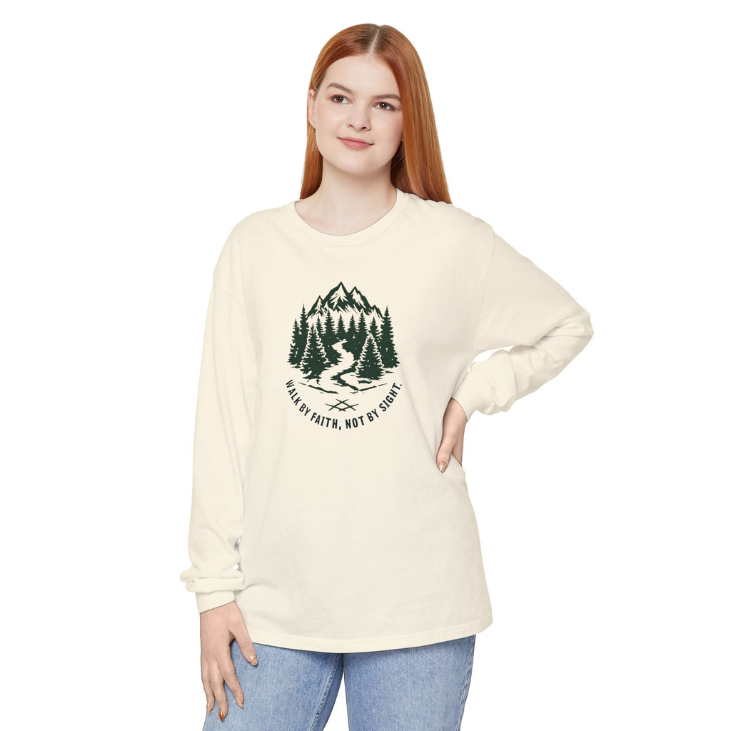 Walk by Faith, Not By Sight Comfort Colors Unisex Long Sleeve Shirt | Faith Mountain Graphic Tee | Garment Dyed Cotton