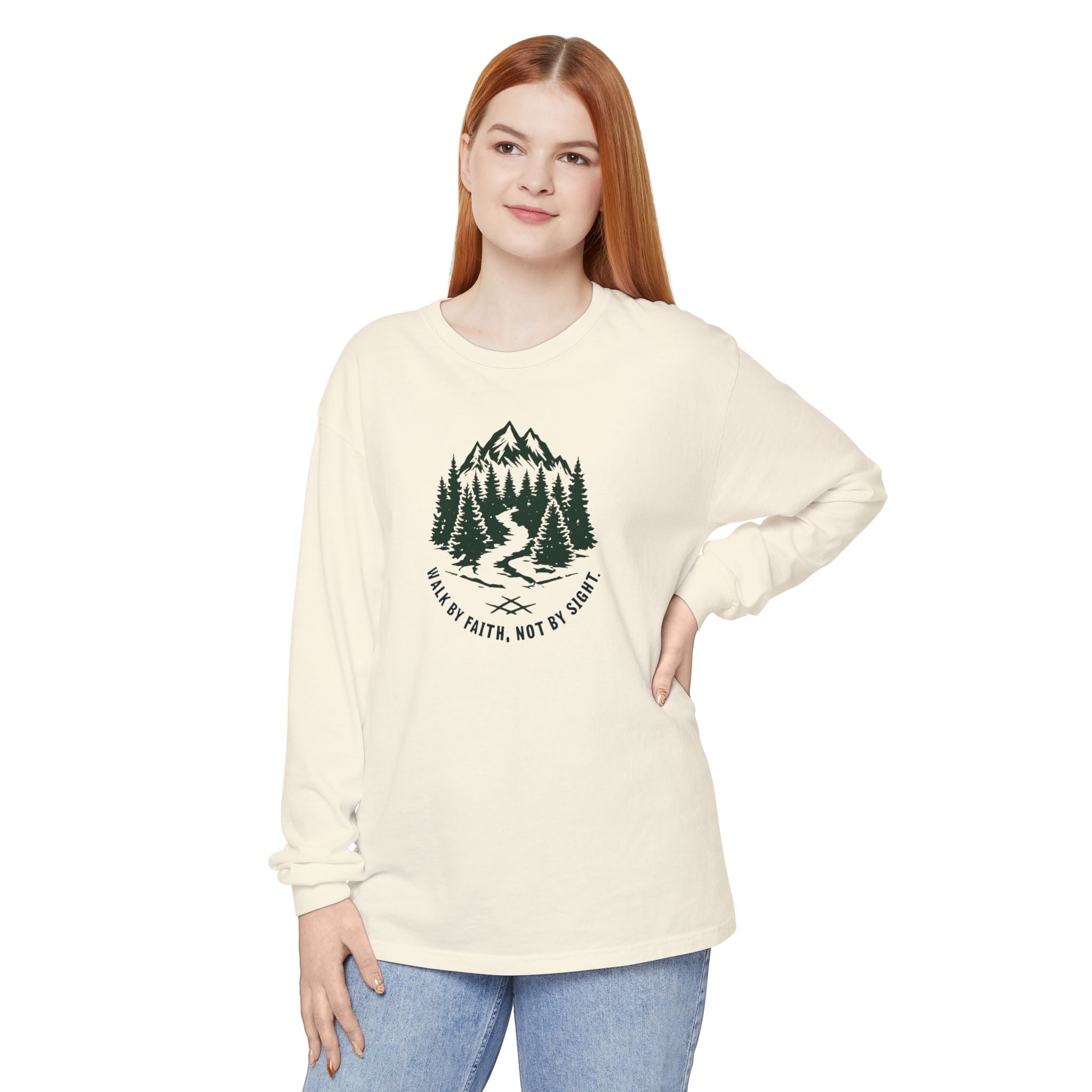 Walk by Faith, Not By Sight Comfort Colors Unisex Long Sleeve Shirt | Faith Mountain Graphic Tee | Garment Dyed Cotton
