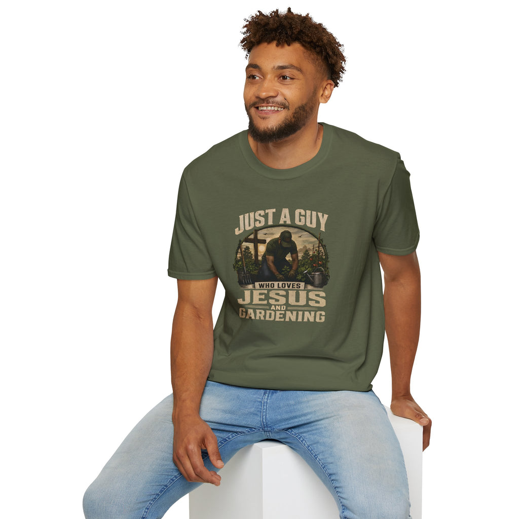 Just A Guy Who Loves Jesus And Gardening Gildan Christian T-Shirt for Men | Faith Based Gardening Shirt | Gardener Gift Tee