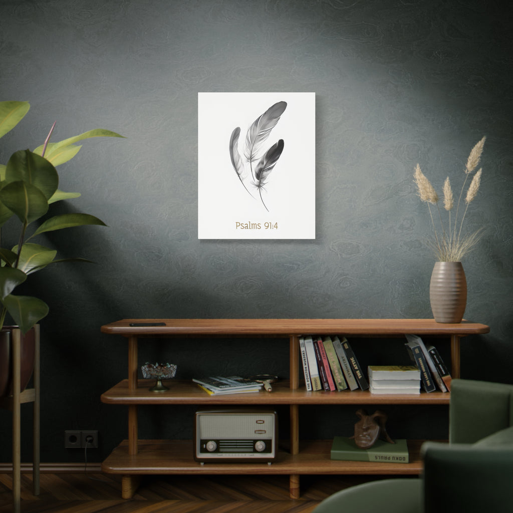 Psalm 91:4 Feather Canvas Wall Art – Christian Scripture Home Decor – Bible Verse Matte Canvas Print