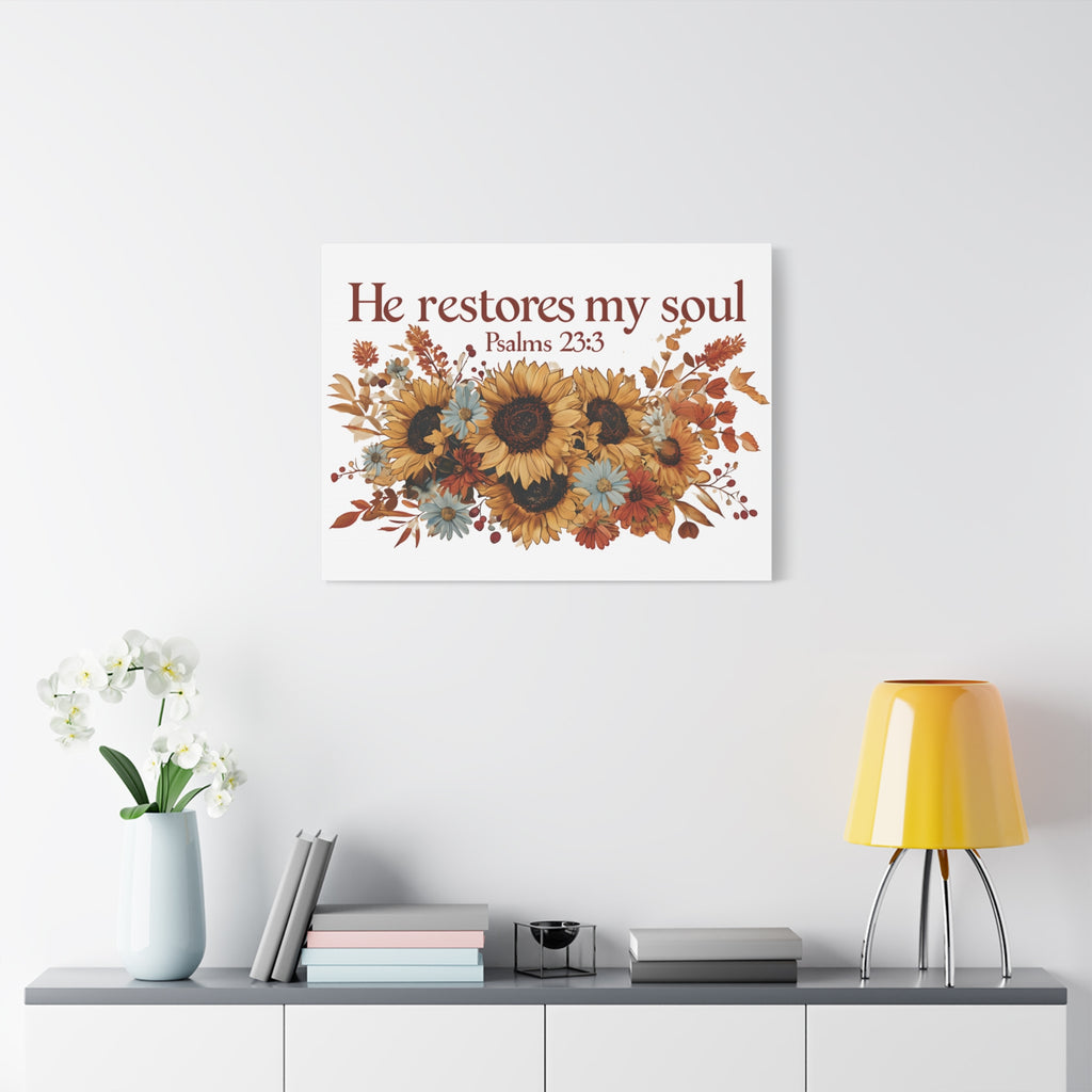 Psalm 23:3 Canvas Wall Art | Christian Sunflower Home Decor | Faith Gift