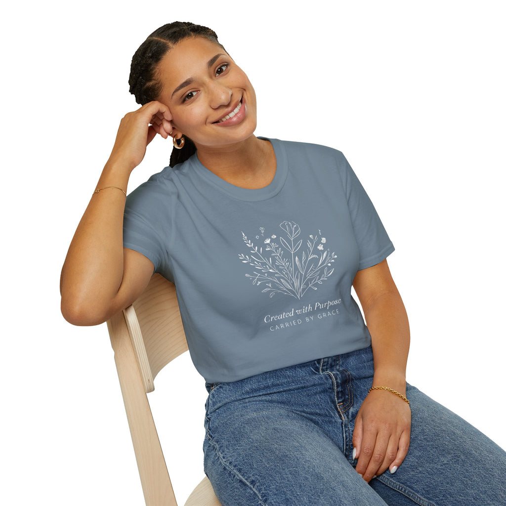 Created with Purpose Carried By Grace Christian Floral Gildan T-Shirt Women’s Faith Shirt Minimalist Design Soft Cotton Tee