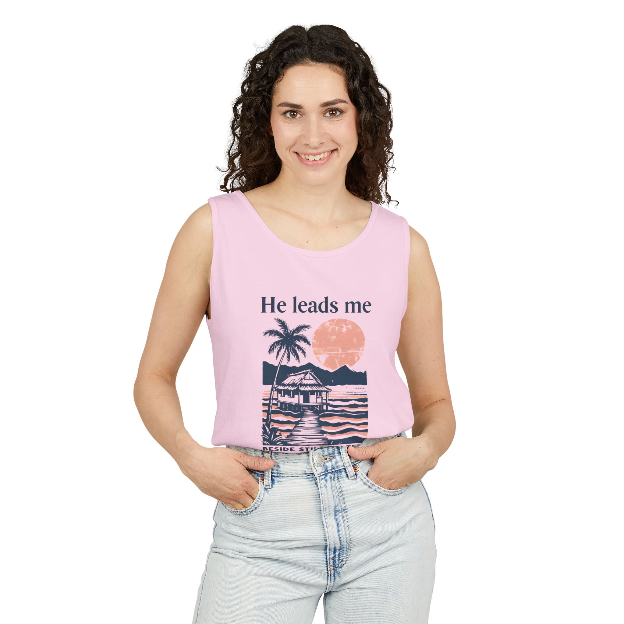 He Leads Me Beside Still Water Unisex Comfort Colors Tank Top | Psalms 23 | Christian Gift