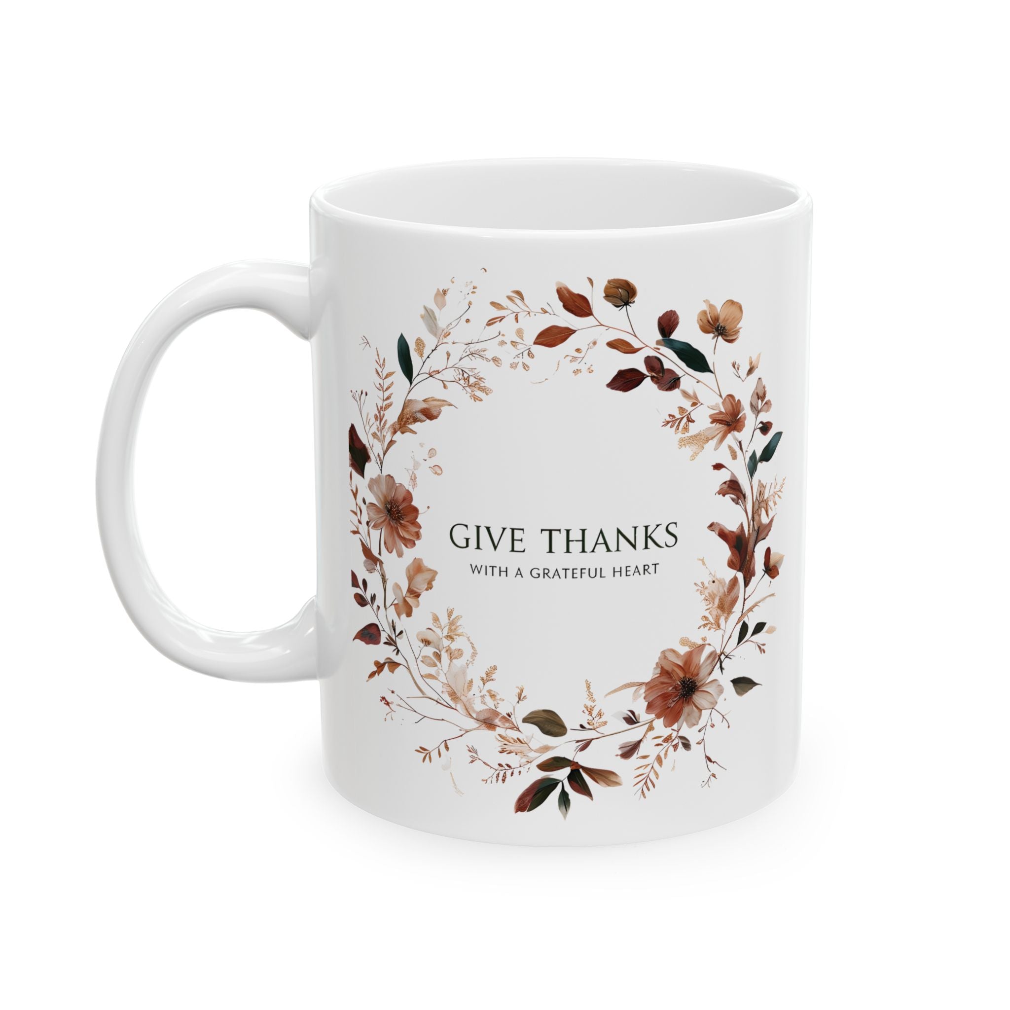 Give Thanks Floral Wreath Ceramic Mug | 11oz & 15oz | Cozy Coffee Cup, Gift for Her, Inspirational Tea Mug, Perfect for Birthdays & Anniversaries