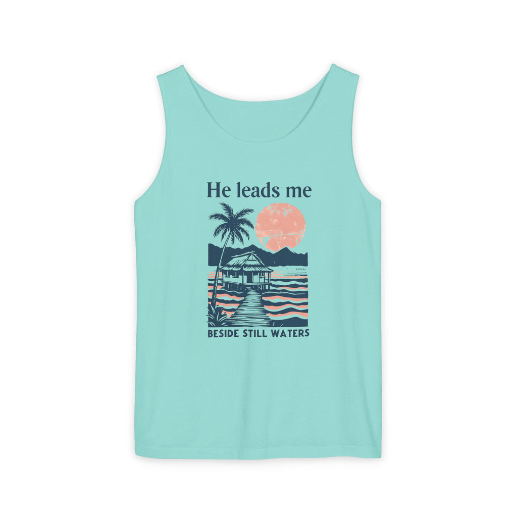 He Leads Me Beside Still Water Unisex Comfort Colors Tank Top | Psalms 23 | Christian Gift