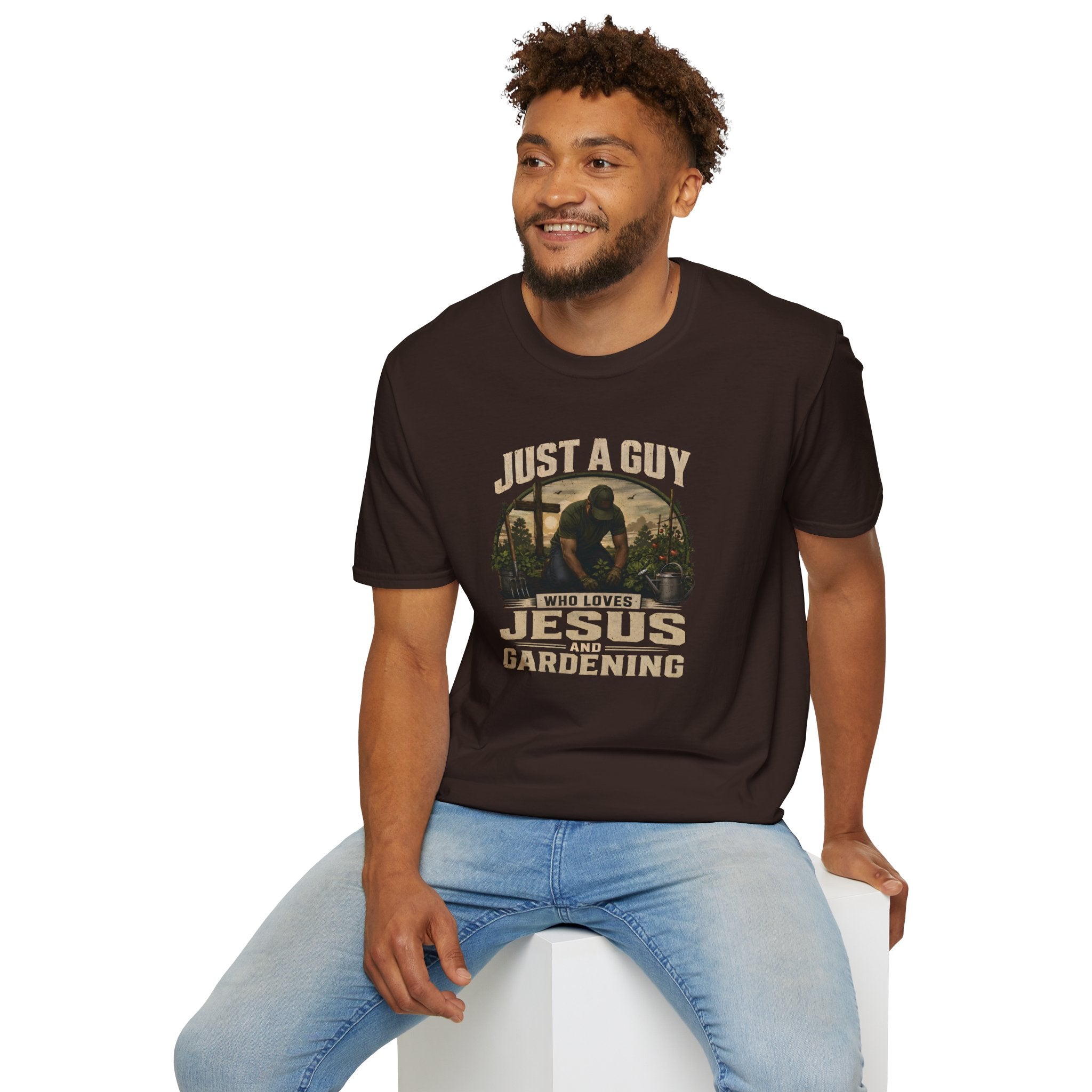 Just A Guy Who Loves Jesus And Gardening Gildan Christian T-Shirt for Men | Faith Based Gardening Shirt | Gardener Gift Tee