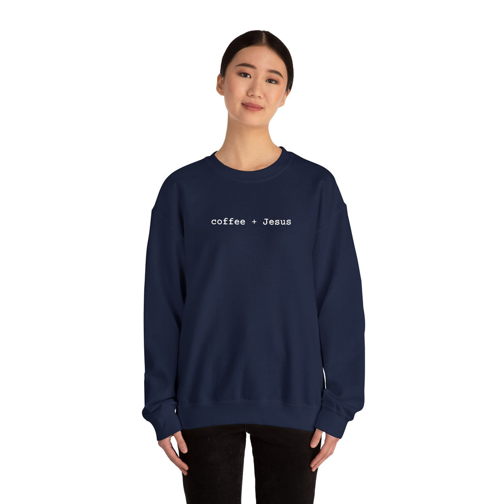 Embroidered Jesus + Coffee Gildan Unisex Heavy Blend Crewneck Sweatshirt | Cozy Christian Pullover Gift for Adults
