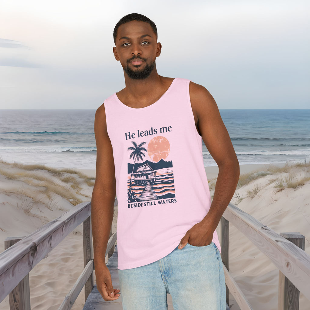 He Leads Me Beside Still Water Unisex Comfort Colors Tank Top | Psalms 23 | Christian Gift
