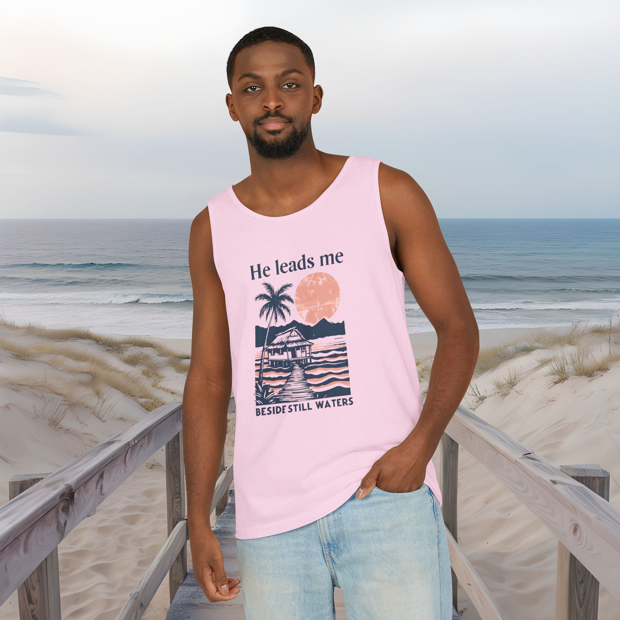 He Leads Me Beside Still Water Unisex Comfort Colors Tank Top | Psalms 23 | Christian Gift