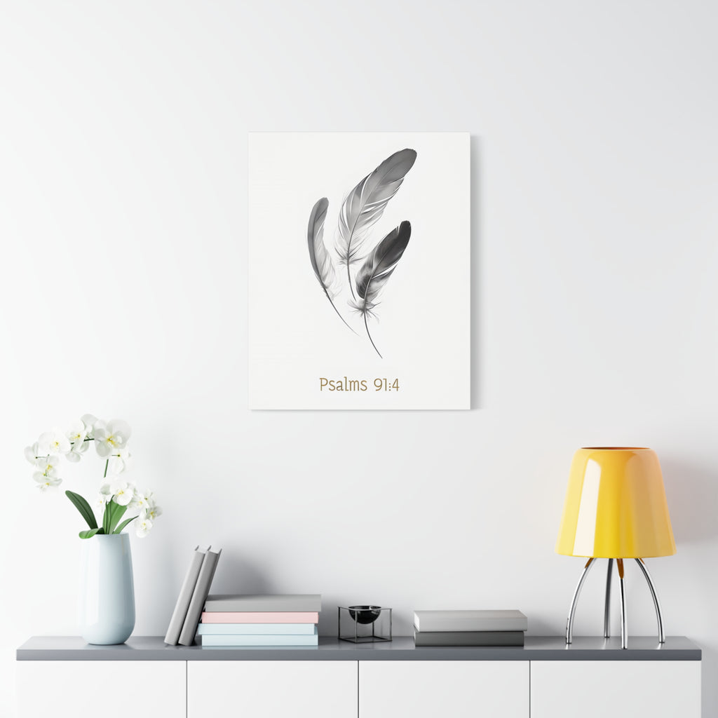 Psalm 91:4 Feather Canvas Wall Art – Christian Scripture Home Decor – Bible Verse Matte Canvas Print