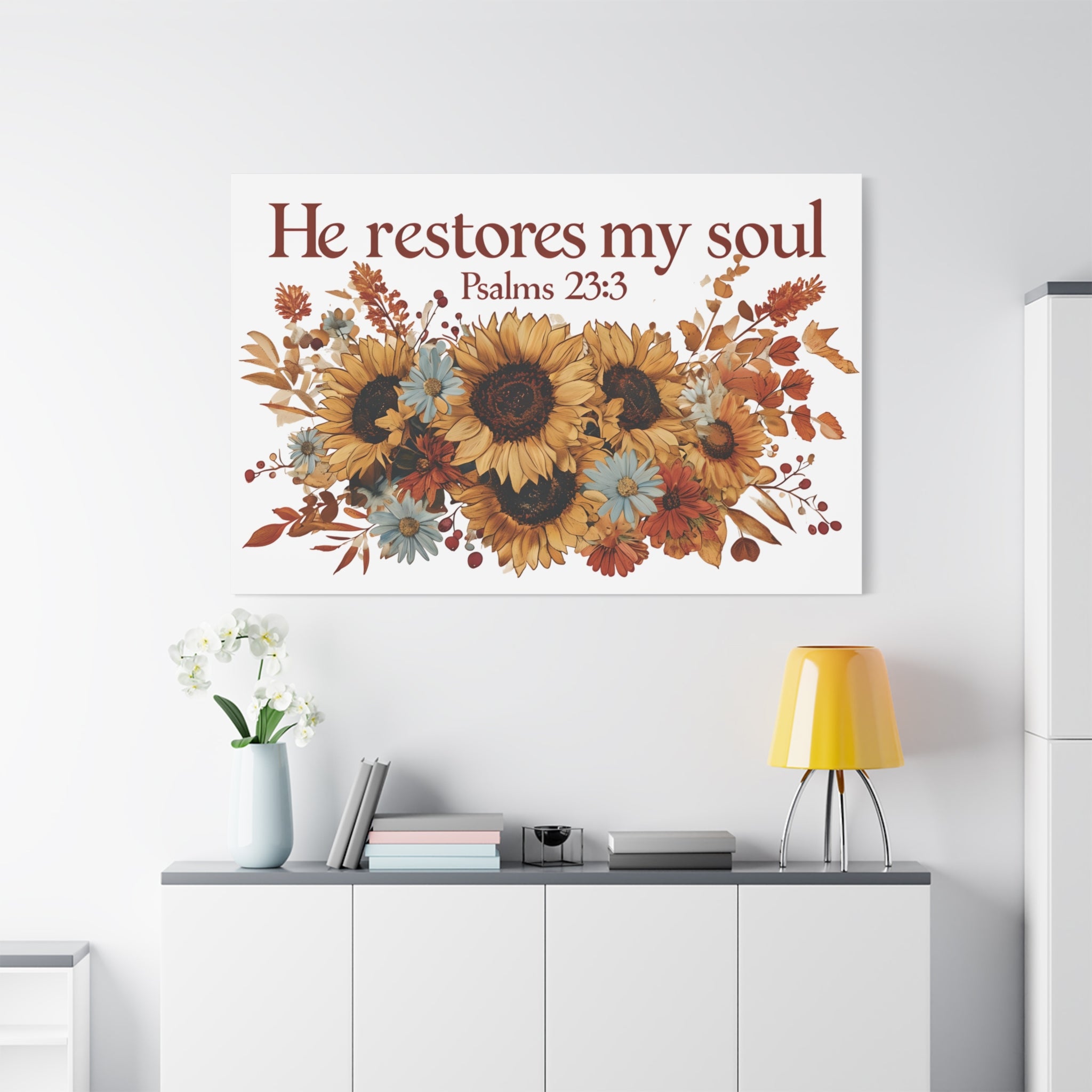 Psalm 23:3 Canvas Wall Art | Christian Sunflower Home Decor | Faith Gift