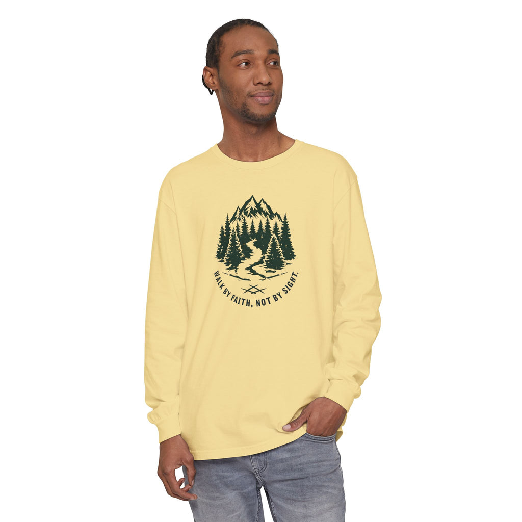 Walk by Faith, Not By Sight Comfort Colors Unisex Long Sleeve Shirt | Faith Mountain Graphic Tee | Garment Dyed Cotton