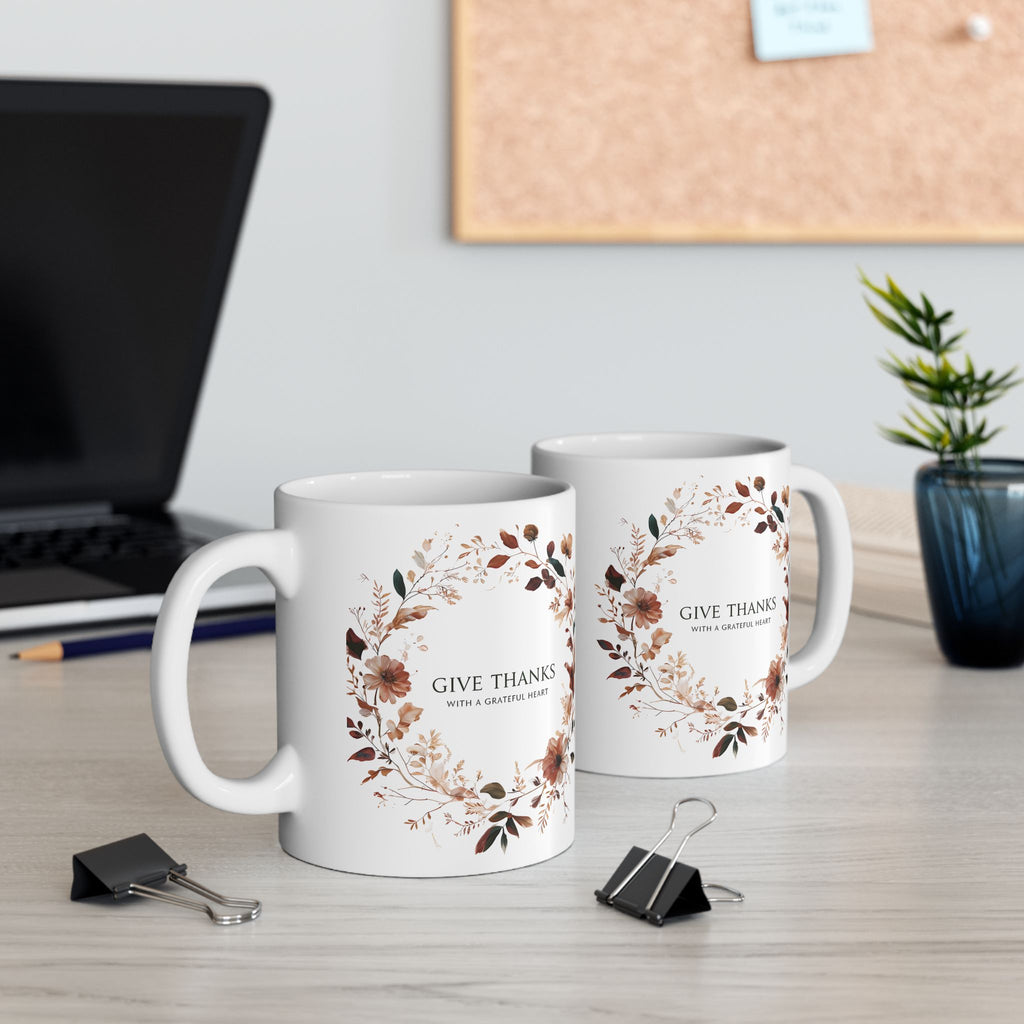Give Thanks Floral Wreath Ceramic Mug | 11oz & 15oz | Cozy Coffee Cup, Gift for Her, Inspirational Tea Mug, Perfect for Birthdays & Anniversaries