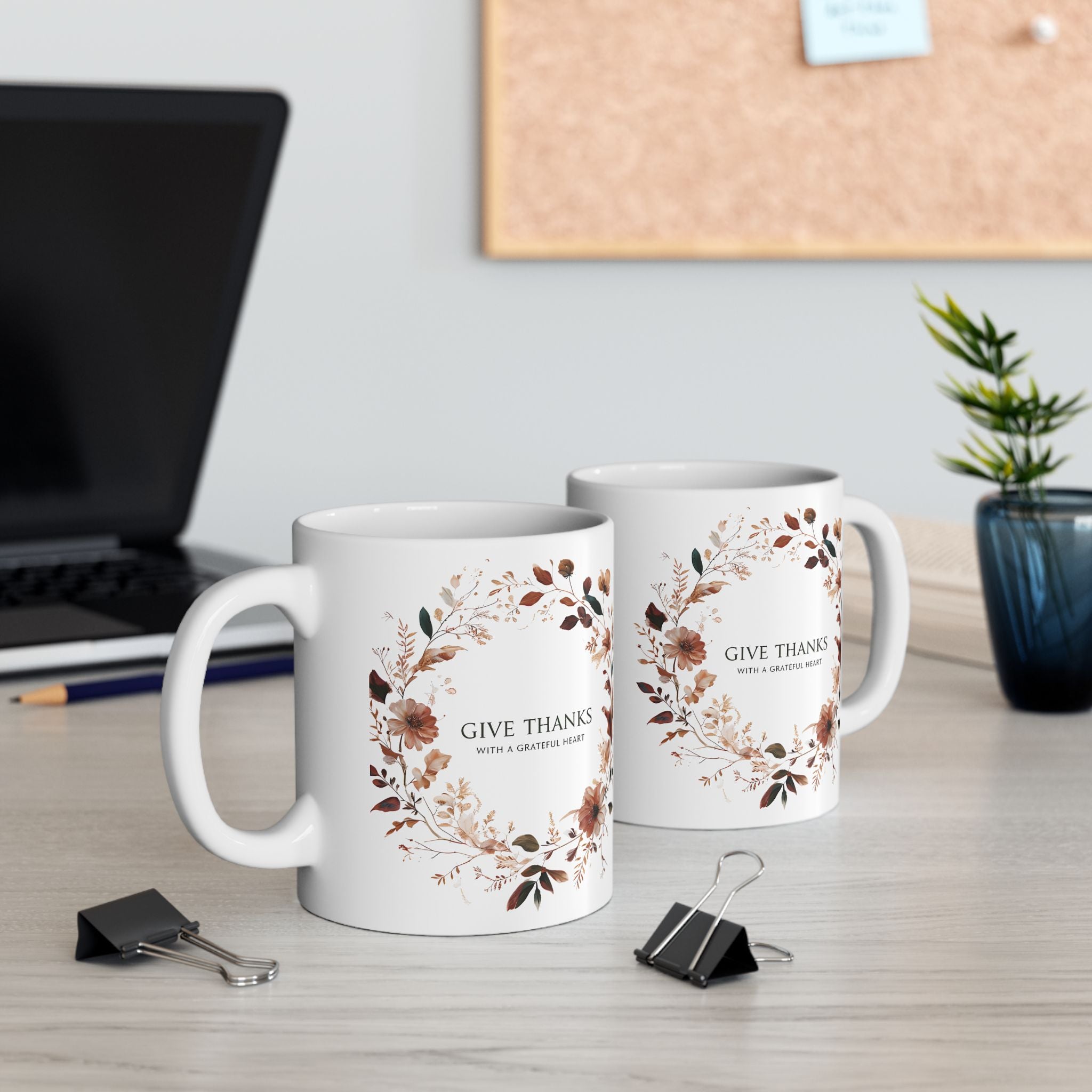 Give Thanks Floral Wreath Ceramic Mug | 11oz & 15oz | Cozy Coffee Cup, Gift for Her, Inspirational Tea Mug, Perfect for Birthdays & Anniversaries