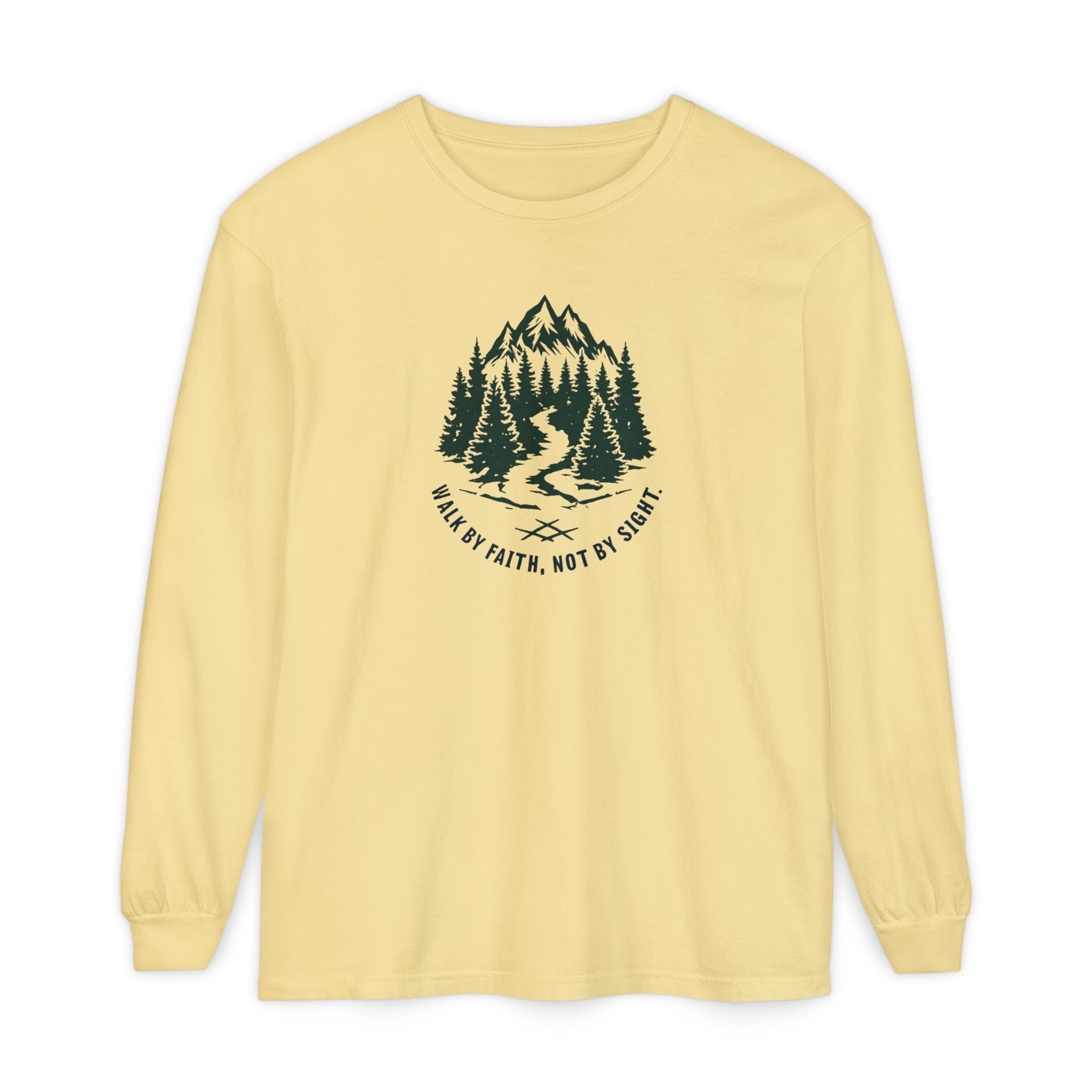 Walk by Faith, Not By Sight Comfort Colors Unisex Long Sleeve Shirt | Faith Mountain Graphic Tee | Garment Dyed Cotton