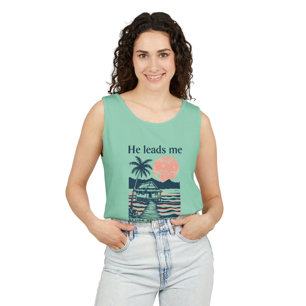 He Leads Me Beside Still Water Unisex Comfort Colors Tank Top | Psalms 23 | Christian Gift