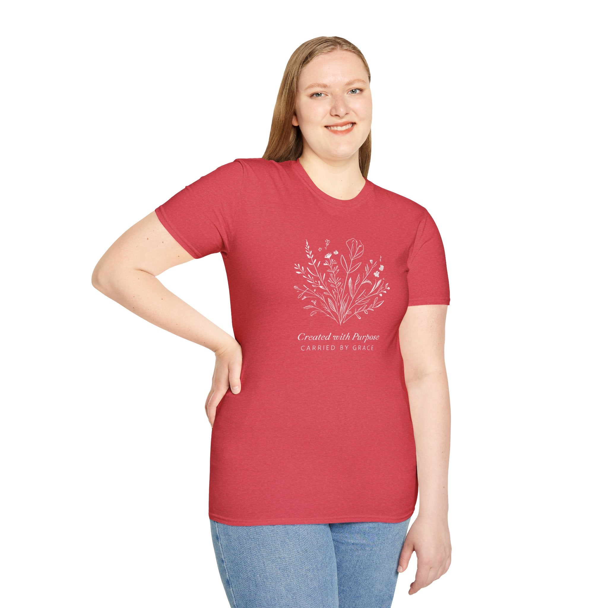 Created with Purpose Carried By Grace Christian Floral Gildan T-Shirt Women’s Faith Shirt Minimalist Design Soft Cotton Tee