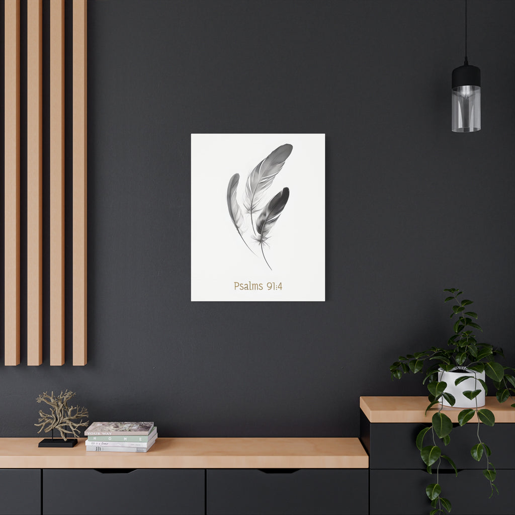Psalm 91:4 Feather Canvas Wall Art – Christian Scripture Home Decor – Bible Verse Matte Canvas Print