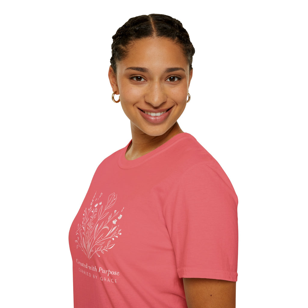 Created with Purpose Carried By Grace Christian Floral Gildan T-Shirt Women’s Faith Shirt Minimalist Design Soft Cotton Tee