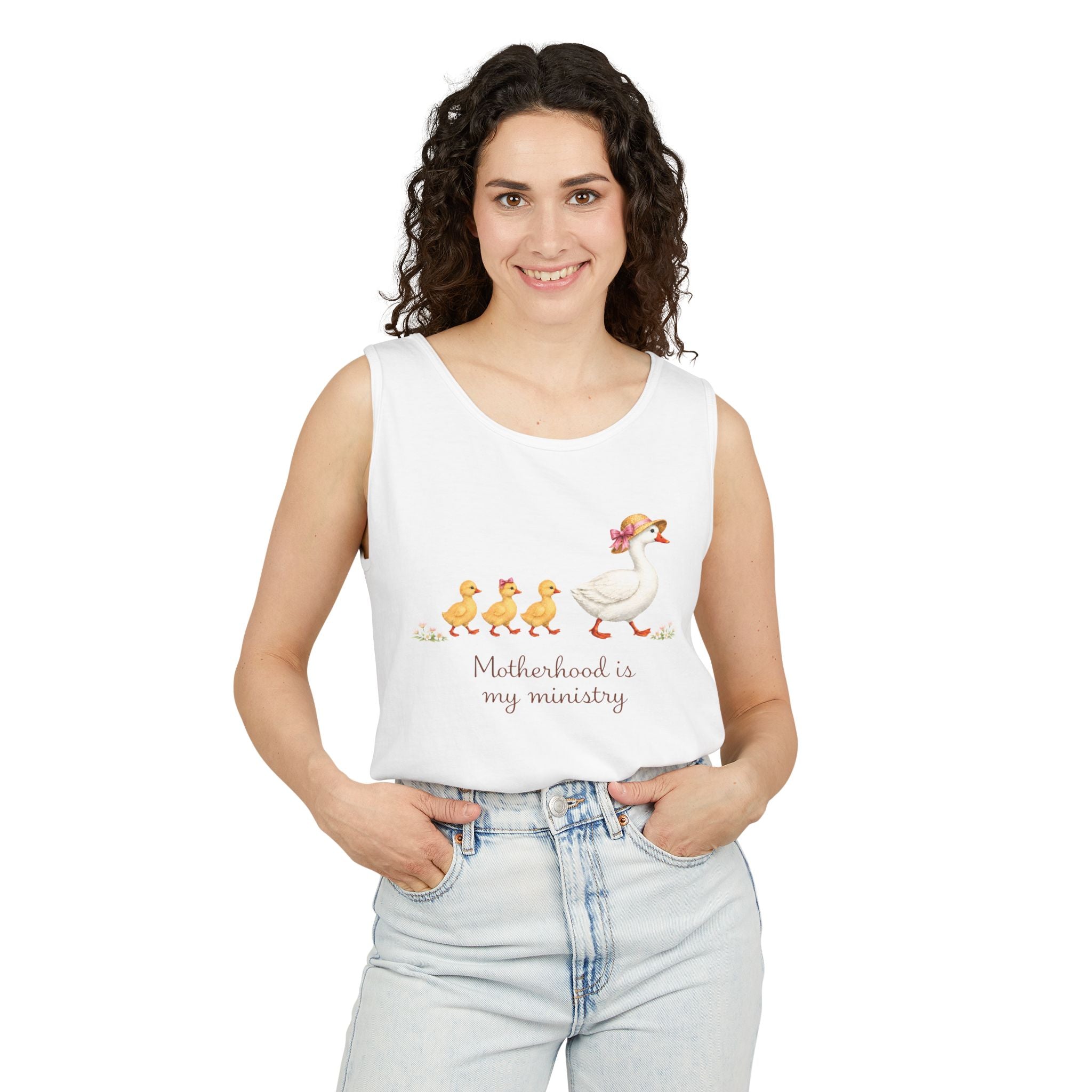 Motherhood Is My Ministry Tank Top — Cute Duck Family Graphic Tank