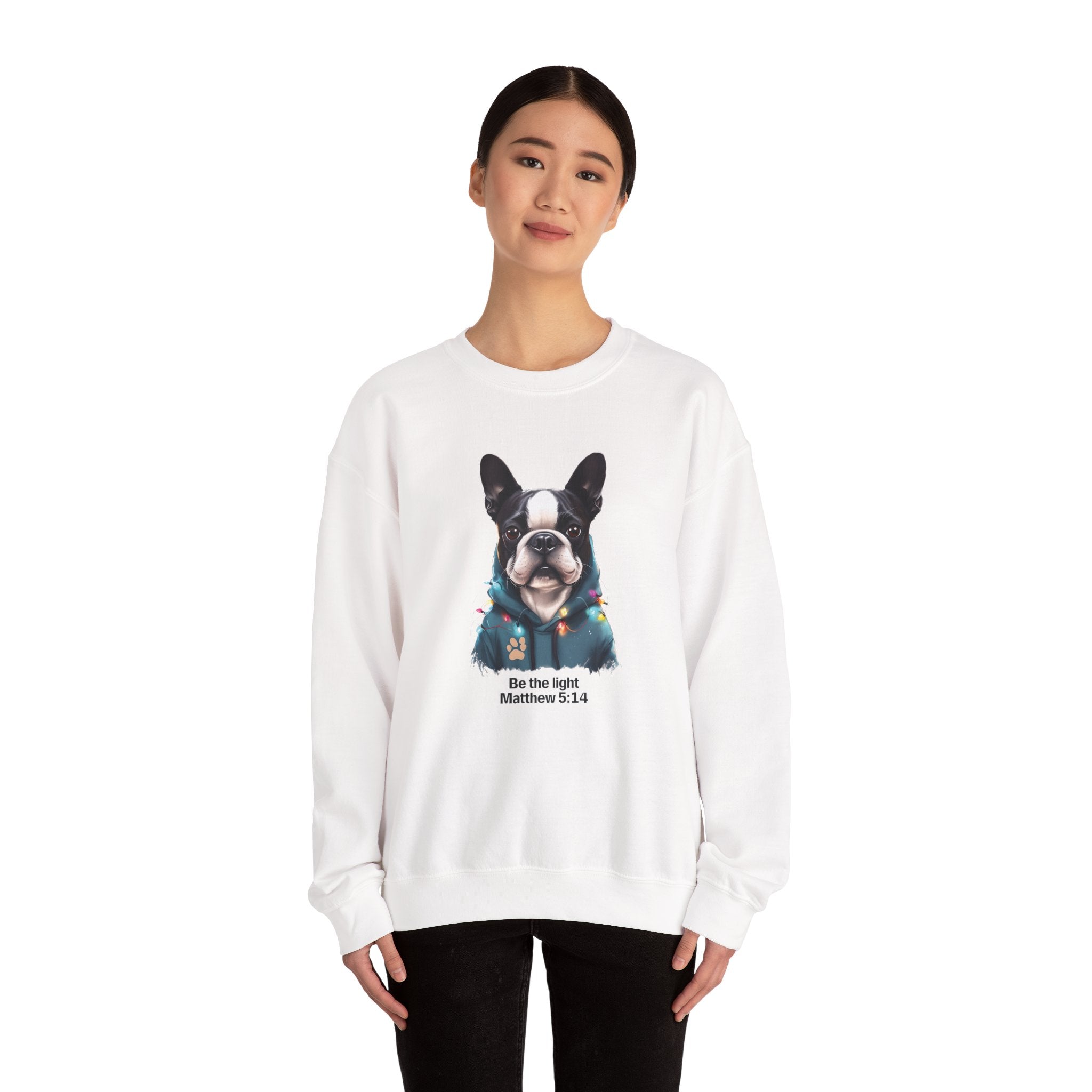 Be the Light Boston Terrier Christmas Gildan Sweatshirt | Christian Unisex Crewneck