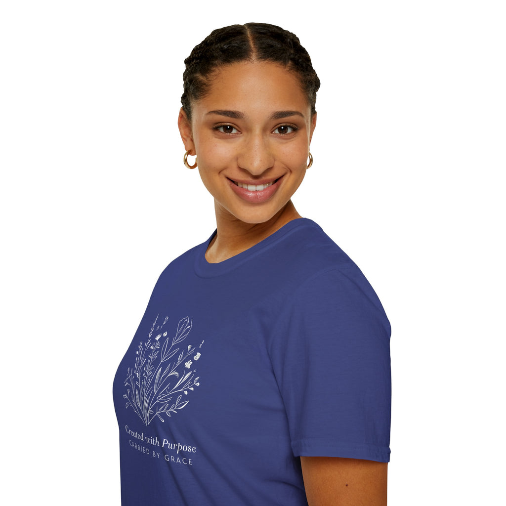 Created with Purpose Carried By Grace Christian Floral Gildan T-Shirt Women’s Faith Shirt Minimalist Design Soft Cotton Tee